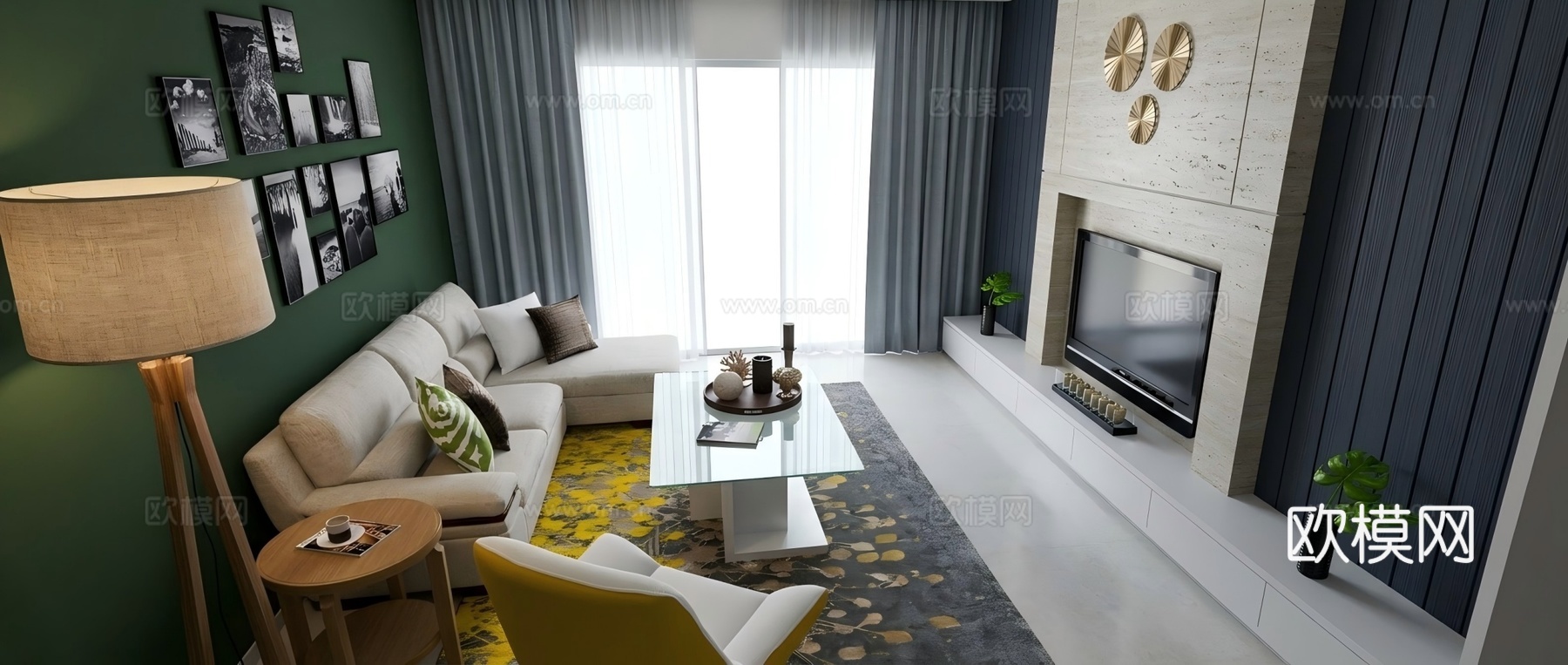 现代客厅 电视背景墙su模型