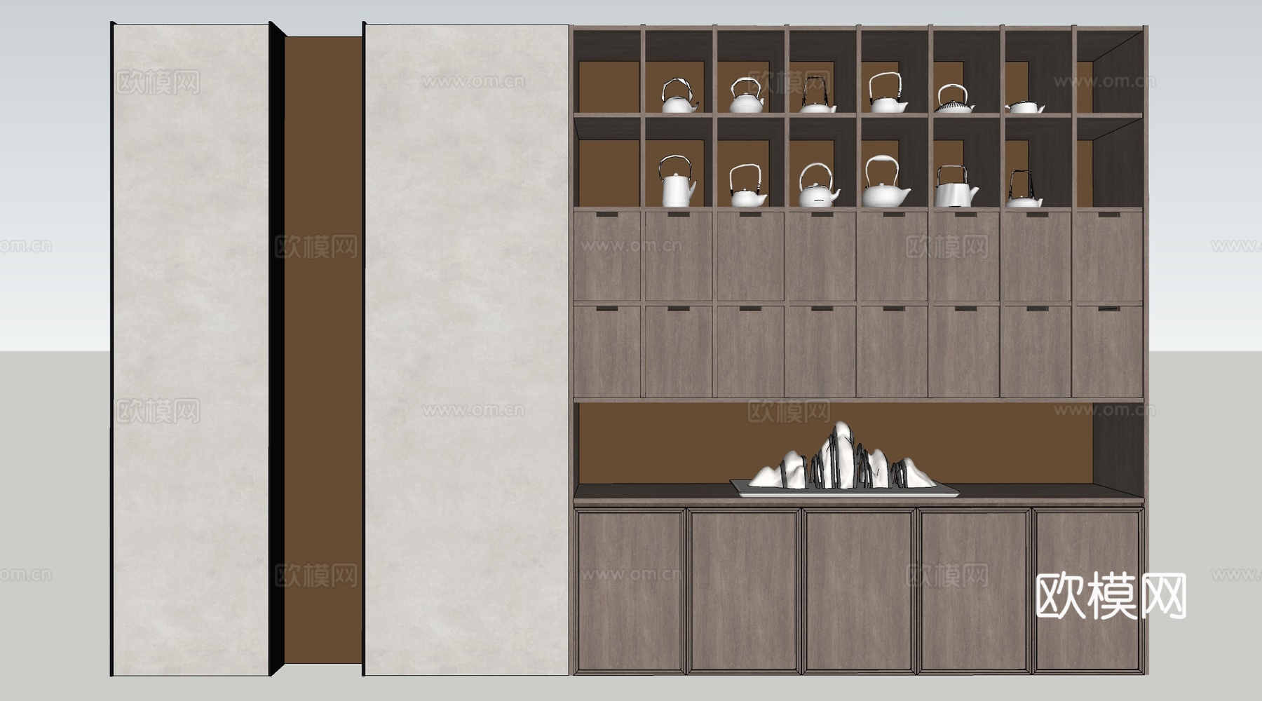 新中式装饰柜 新中式置物架 书架 茶具架su模型