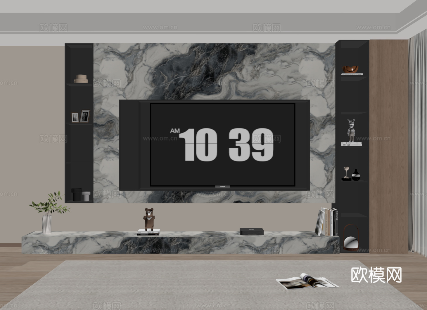 意式电视背景墙 大理石背景墙 现代电视背景柜 开放格收纳储物su模型