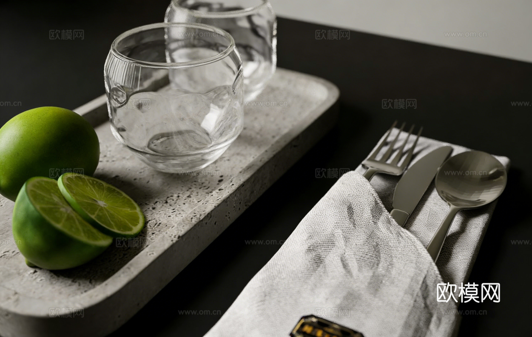 现代简约餐桌静物组合 布艺餐巾包刀叉勺 西餐摆拍道具 含餐具su模型