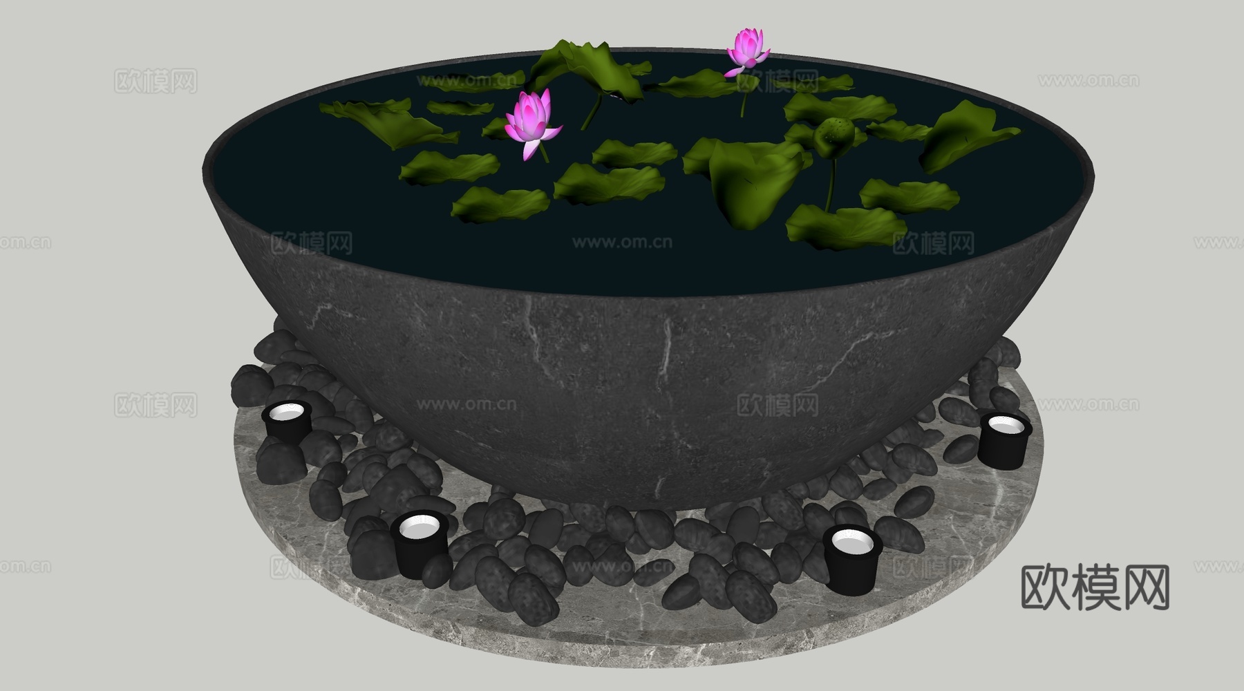 新中式水缸 中式鱼缸 荷花水缸su模型