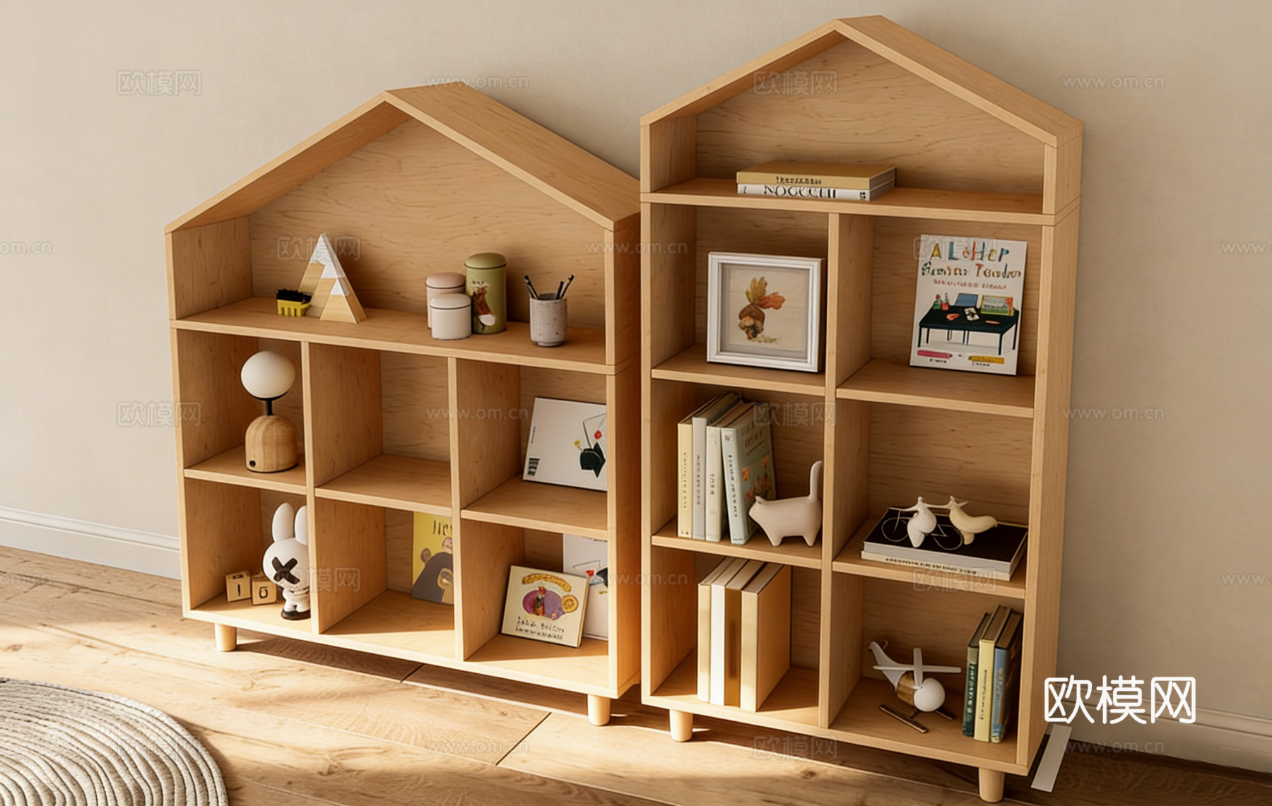 北欧原木色小屋创意置物架 儿童房玩具书籍收纳 多层格子架 飞su模型