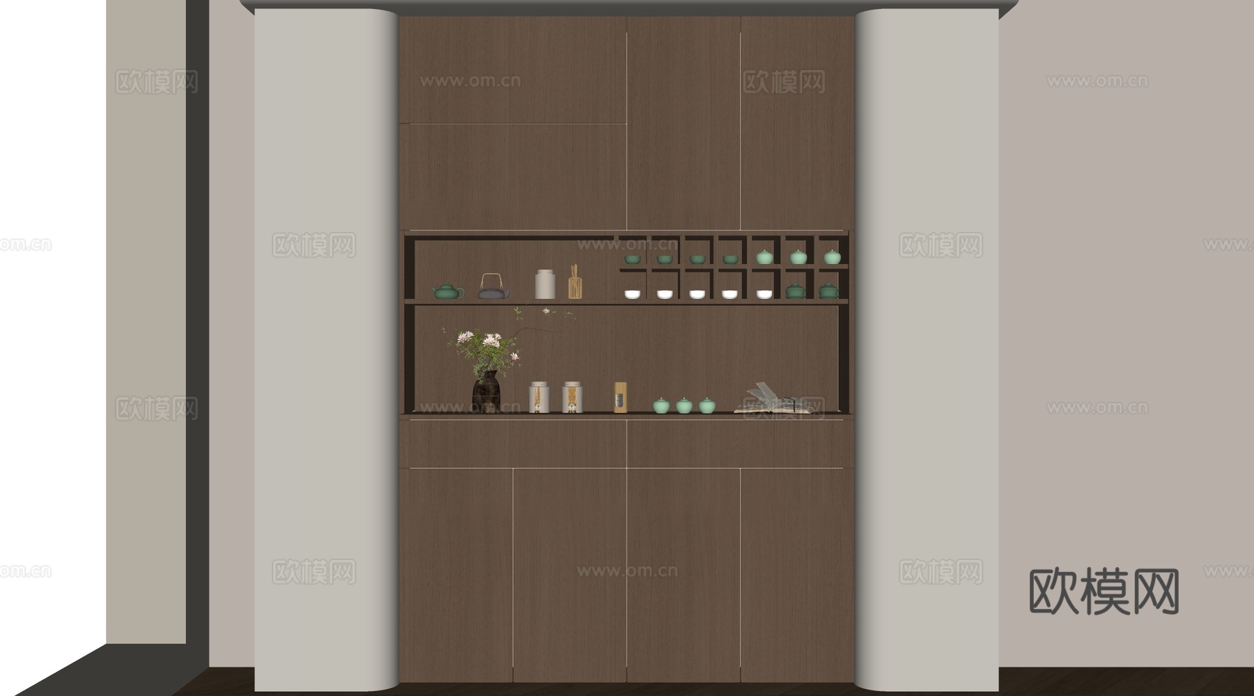 现代茶柜 储物柜 背景柜 书籍摆件组合 装饰柜su模型