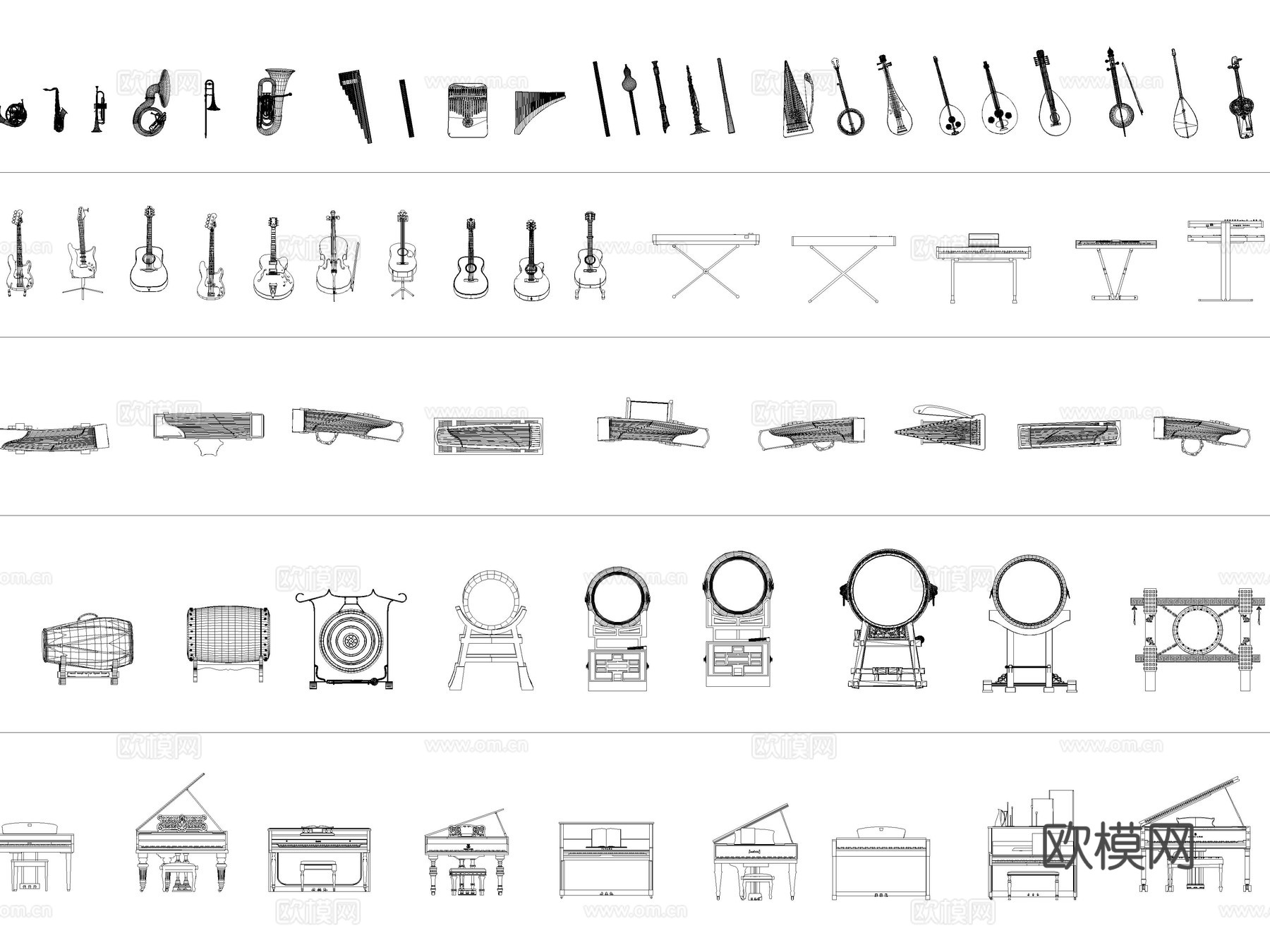 乐器 钢琴 吉他 古筝 架子鼓 琵琶cad施工图下载（渲染图3）
