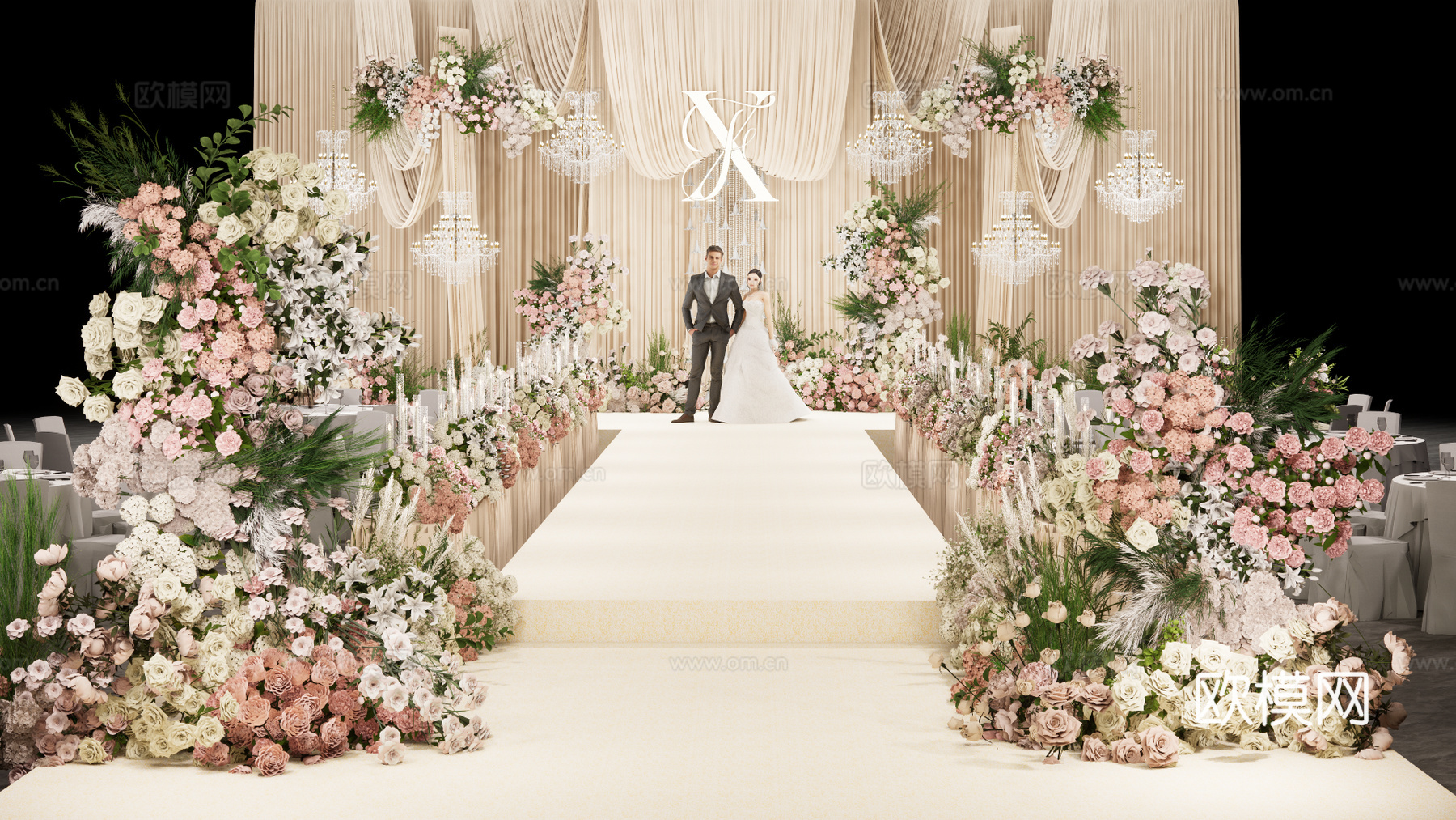 香槟粉布幔造型婚礼美陈花艺su模型