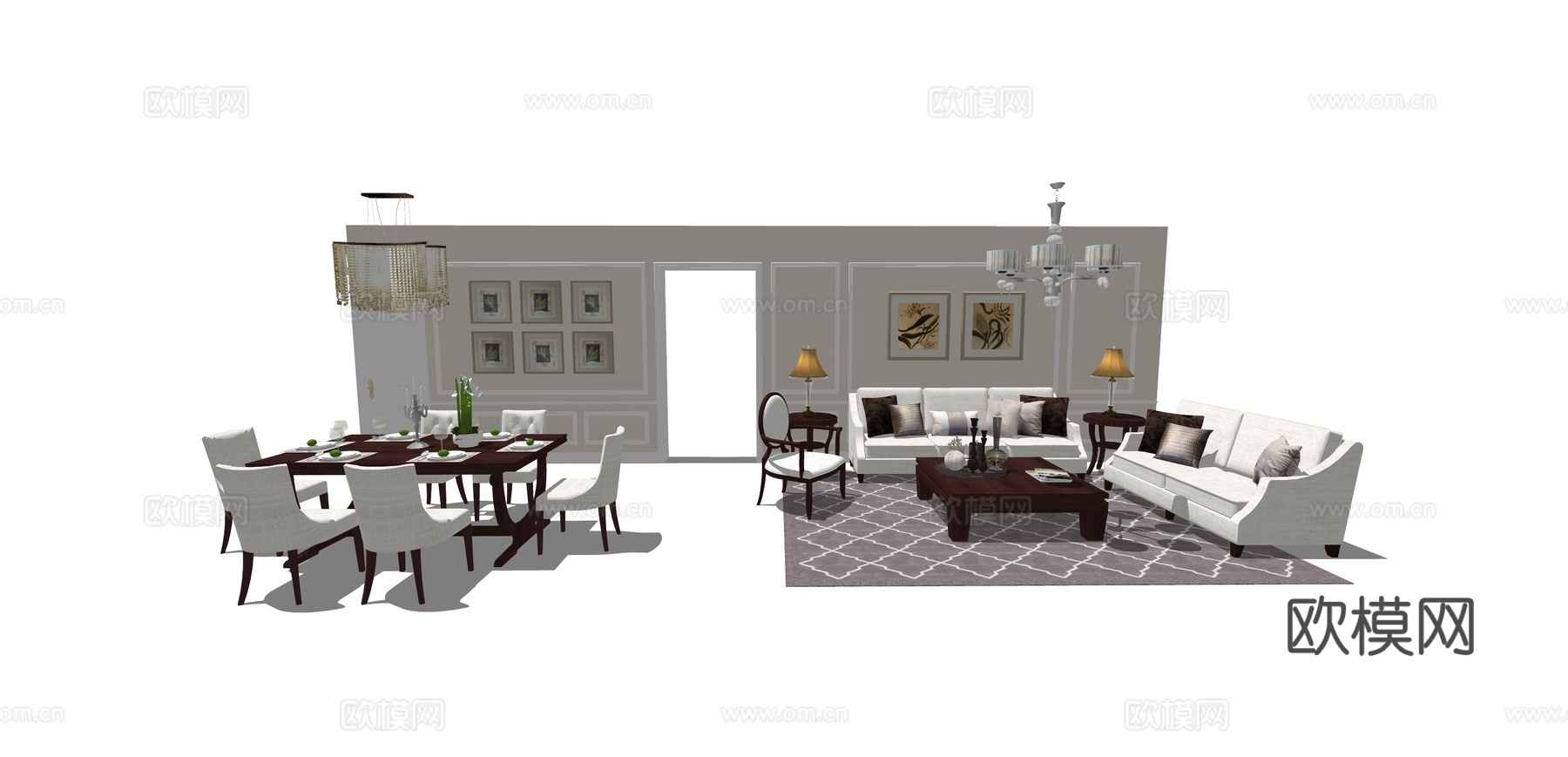 美式客餐厅 背景墙su模型