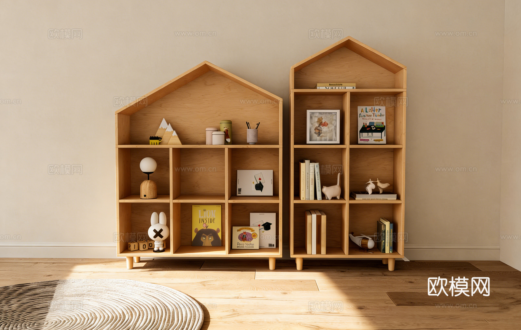 北欧原木色小屋创意置物架 儿童房玩具书籍收纳 多层格子架 飞su模型