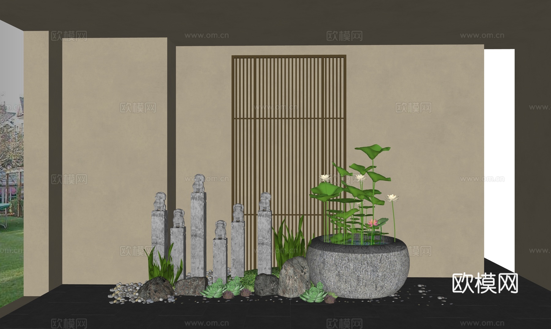 新中式风格禅意庭院景观小品组合 木屏风隔断  水缸 荷花荷叶su模型