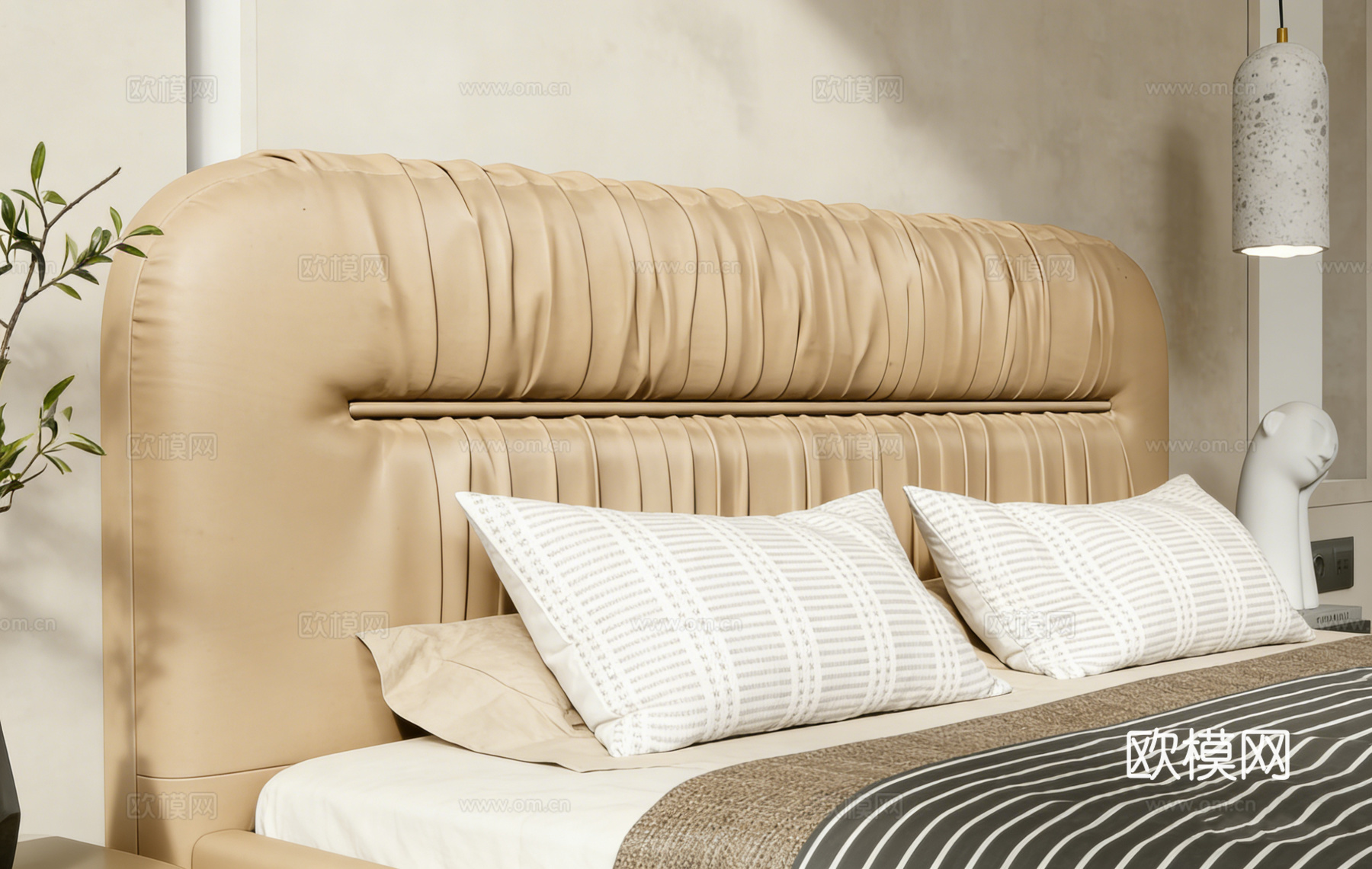 现代简约米色褶皱软包床 圆柱形斑点纹理艺术吊灯  卧室床头灯su模型下载（渲染图3）