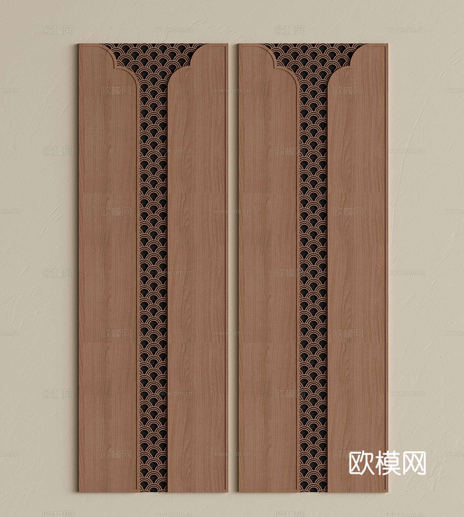 新中式护墙板 实木墙饰板 墙板背景墙 镂空雕花墙板 花格su模型
