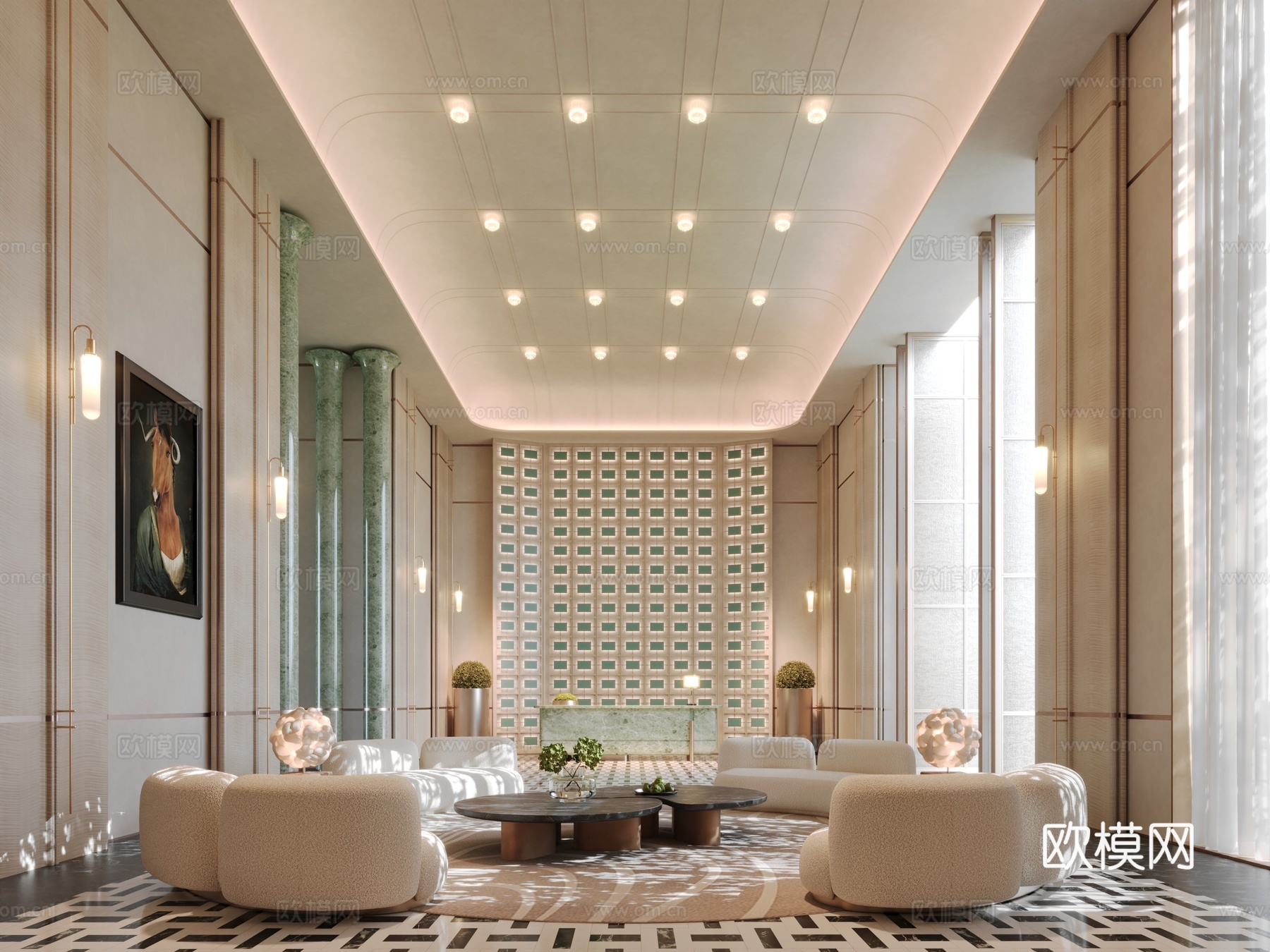 现代轻奢酒店大堂大厅 圆形沙发组合3d模型