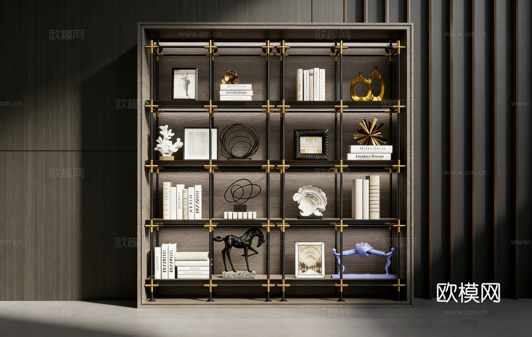 现代轻奢黑色金属网格框架书架 深木色 带金色连接件 样板间客su模型