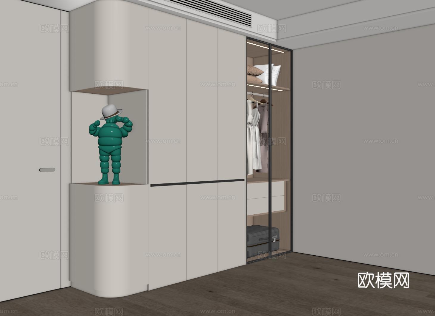 现代衣柜 平开门衣柜 圆弧开放格衣柜 玻璃门衣柜su模型