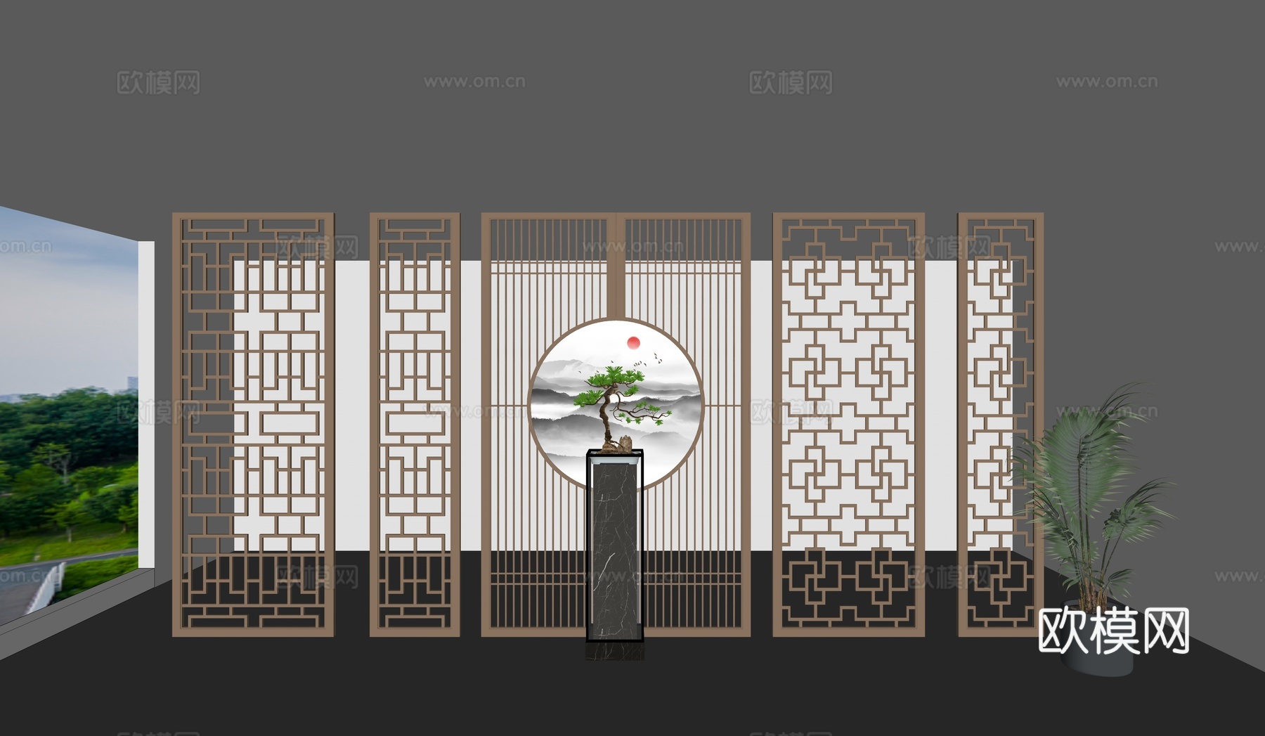 新中式屏风花格隔断端景su模型