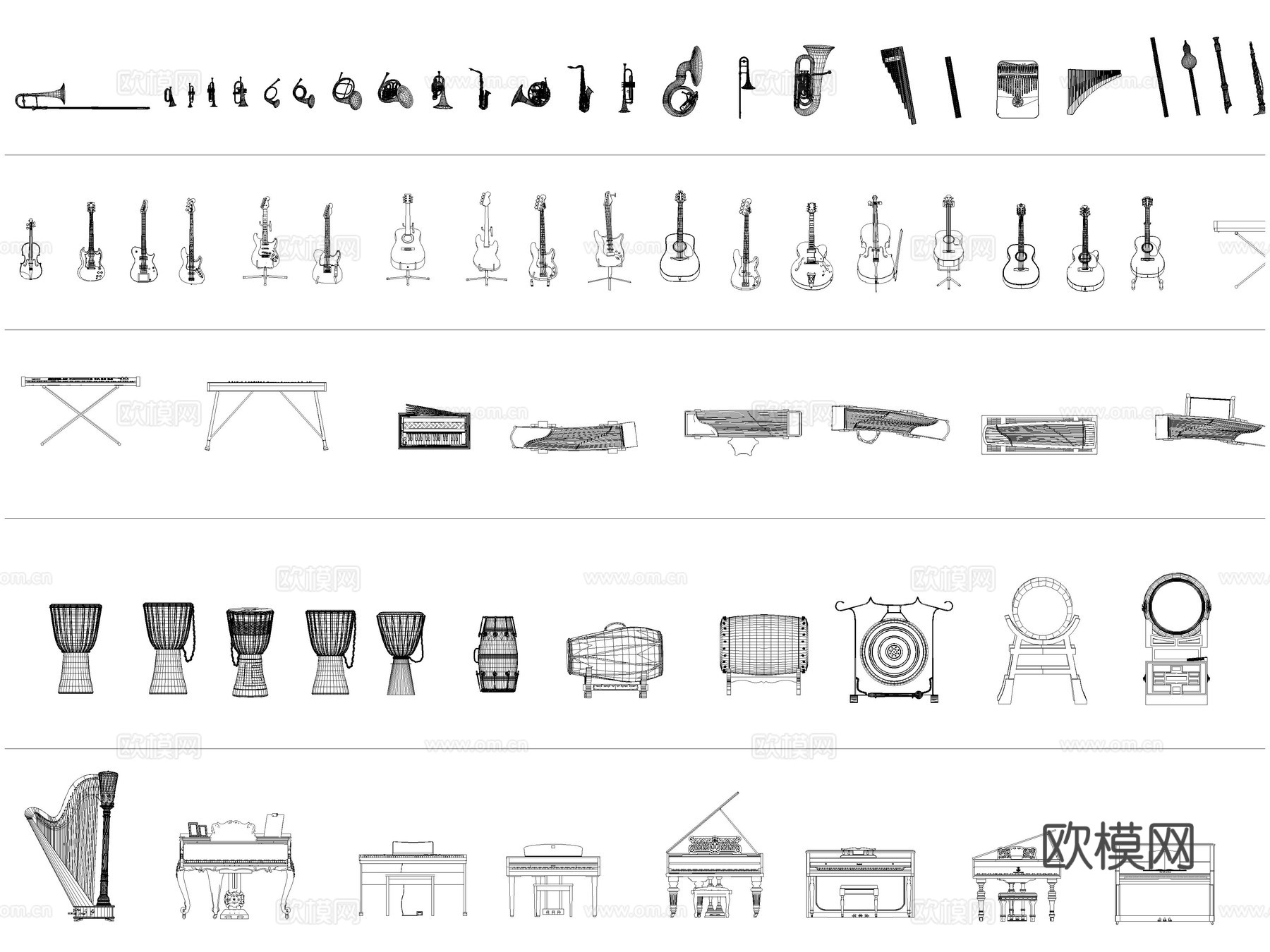 乐器 钢琴 吉他 古筝 架子鼓 琵琶cad施工图下载（渲染图2）