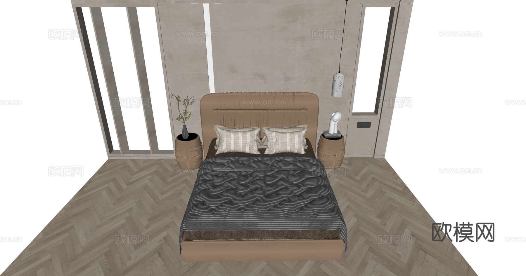 现代简约米色褶皱软包床 圆柱形斑点纹理艺术吊灯  卧室床头灯su模型下载（渲染图4）