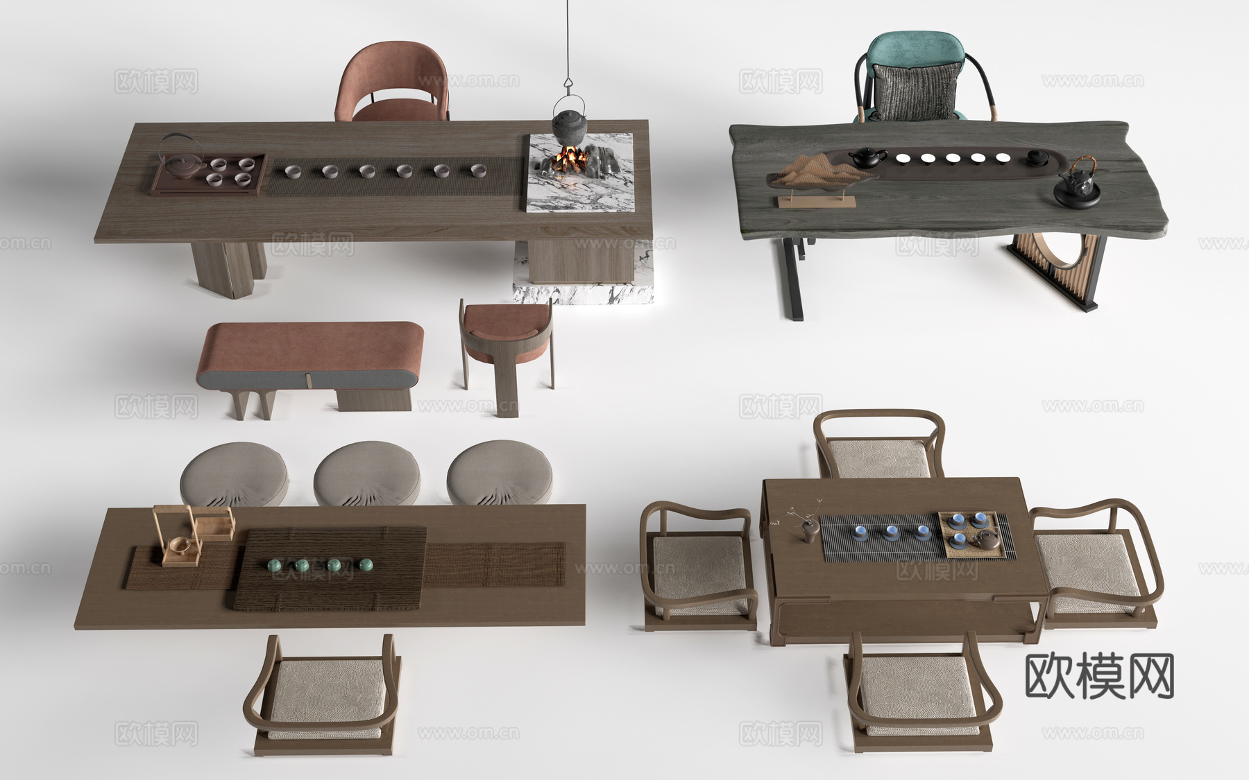 中式茶桌椅 榻榻米茶桌 茶台桌椅su模型