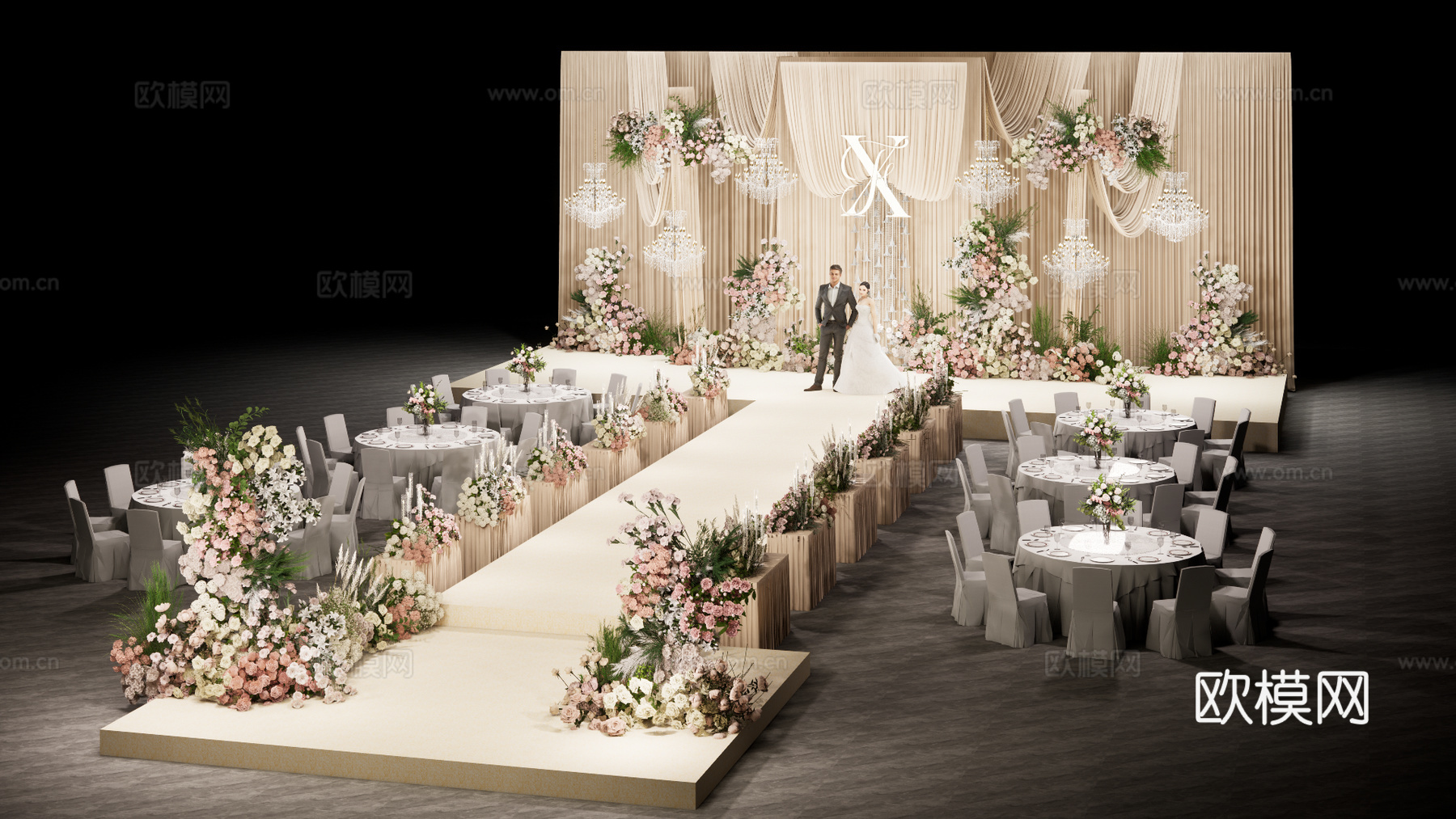 香槟粉布幔造型婚礼美陈花艺su模型