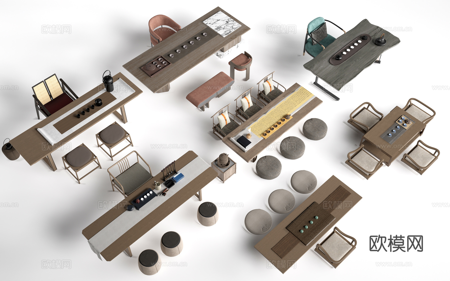 中式茶桌椅 榻榻米茶桌 茶台桌椅su模型