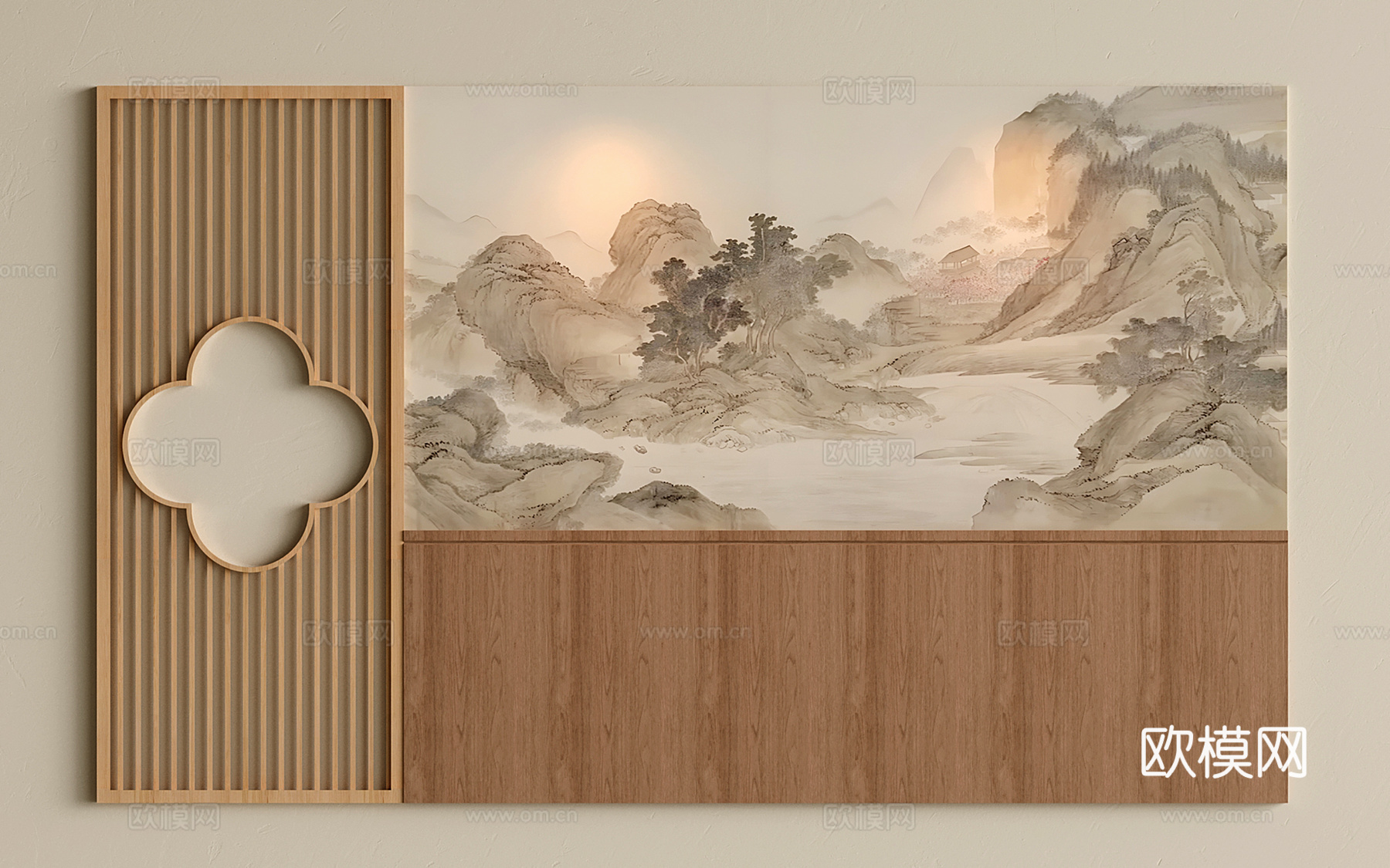 新中式沙发背景墙 山水壁画背景墙 镂空花格su模型