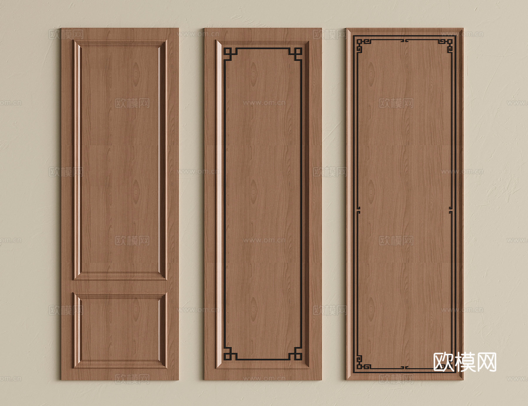 新中式护墙板 实木墙饰板 墙板背景墙su模型