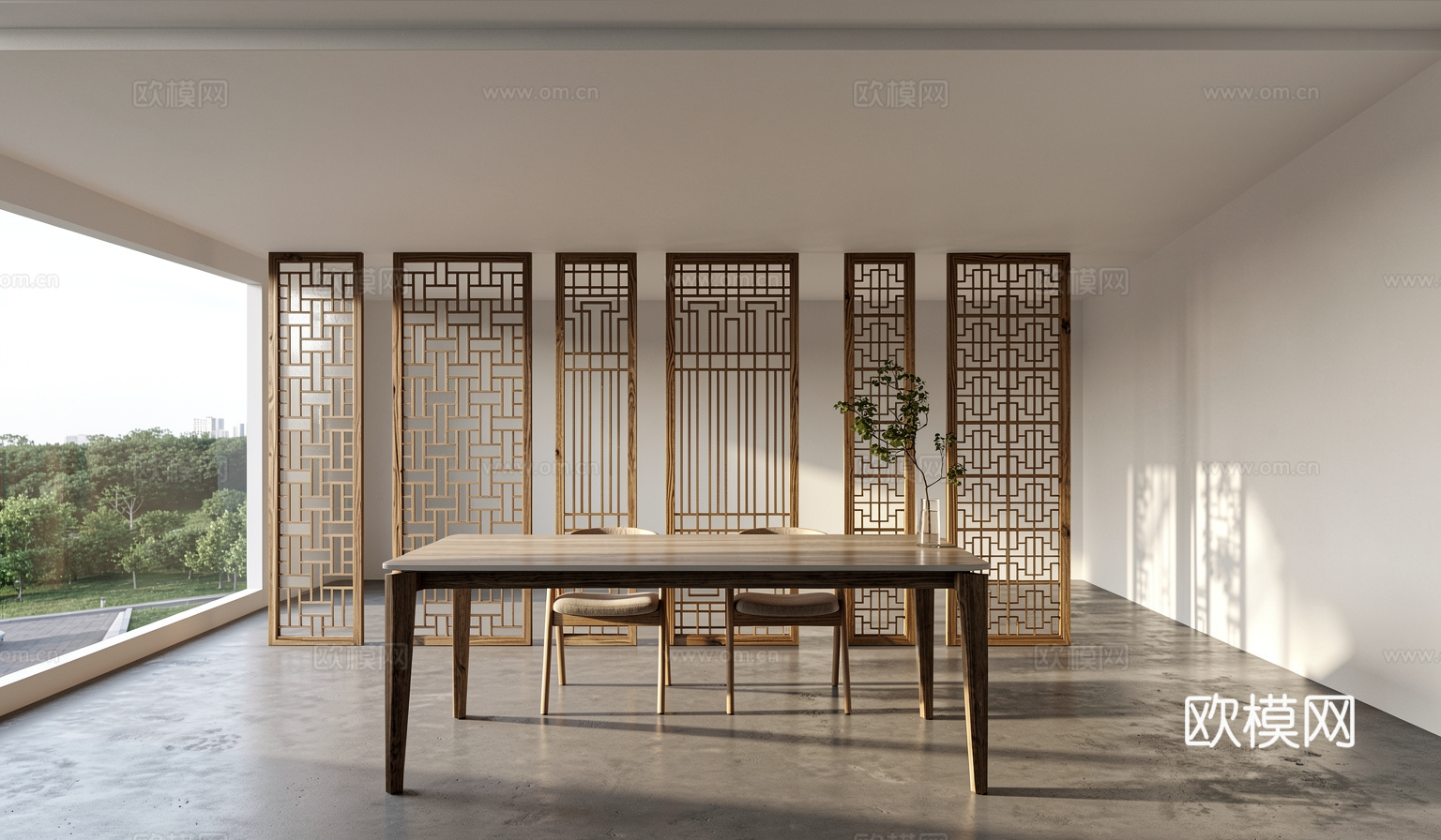 新中式屏风餐桌椅组合su模型