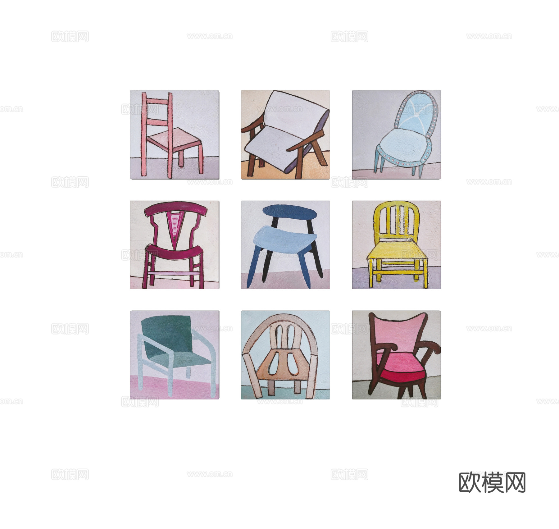 包豪斯中古挂画组合 照片墙su模型su模型