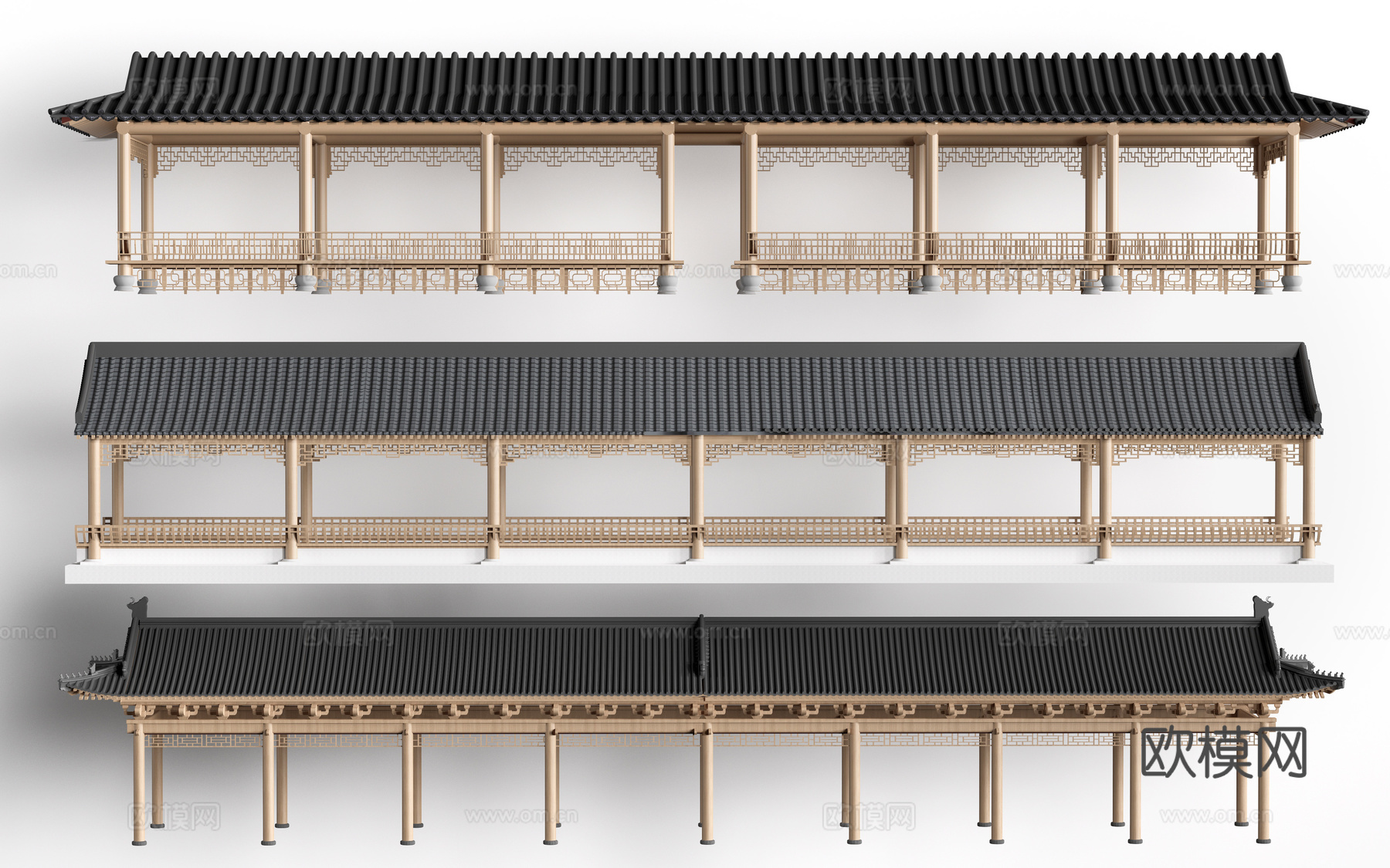 中式长廊 中式廊架 中式连廊su模型su模型