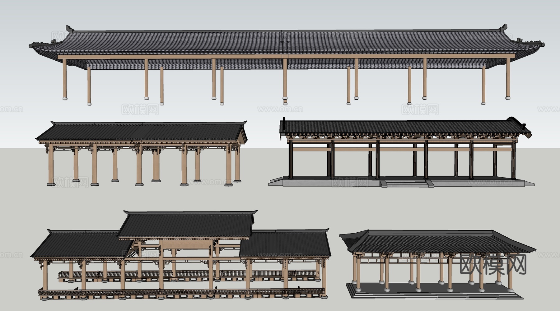 中式长廊 中式廊架 中式连廊su模型