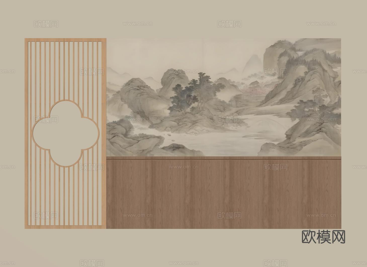 新中式沙发背景墙 山水壁画背景墙 镂空花格su模型