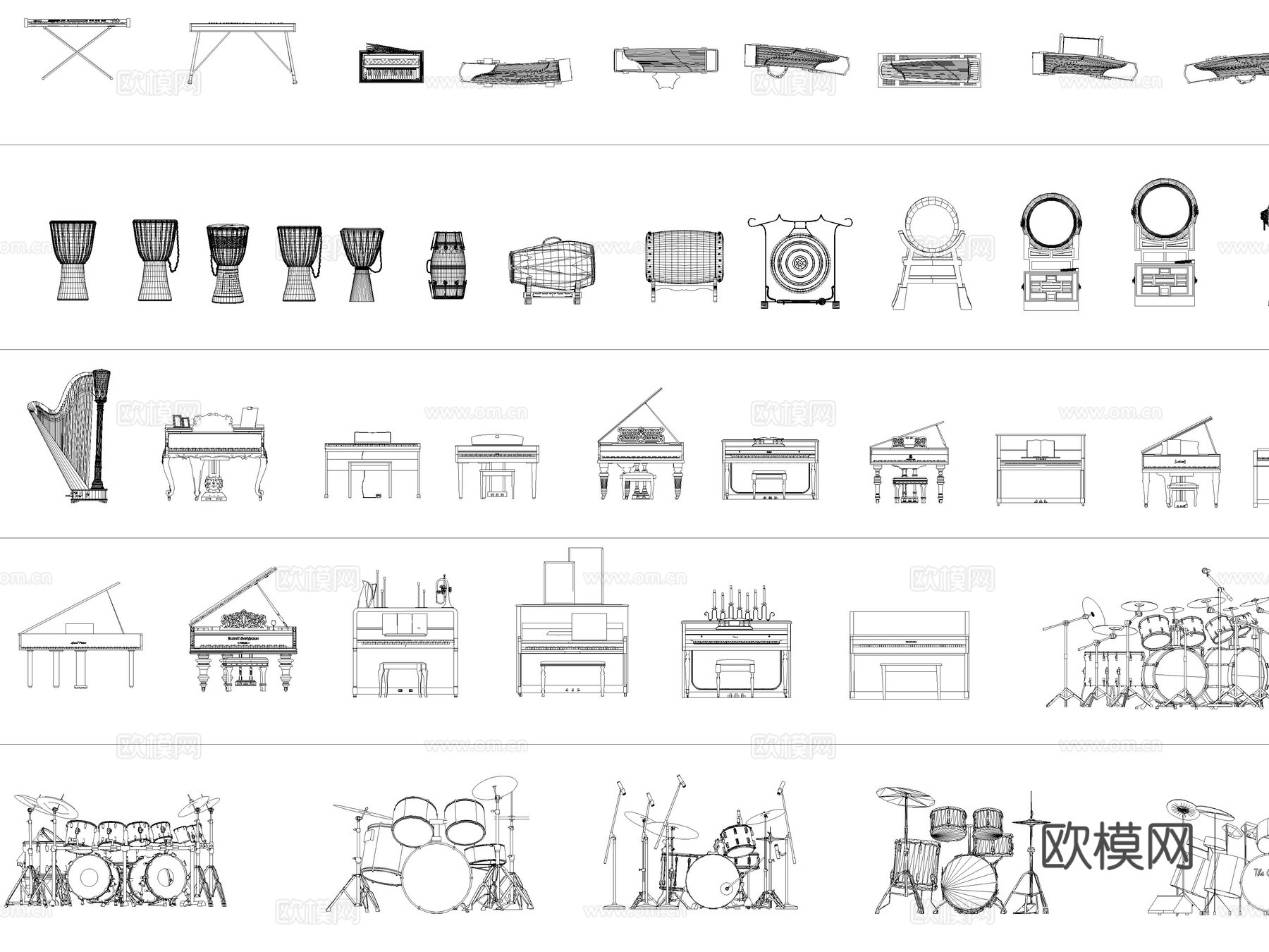 乐器 钢琴 吉他 古筝 架子鼓 琵琶cad施工图下载（渲染图5）