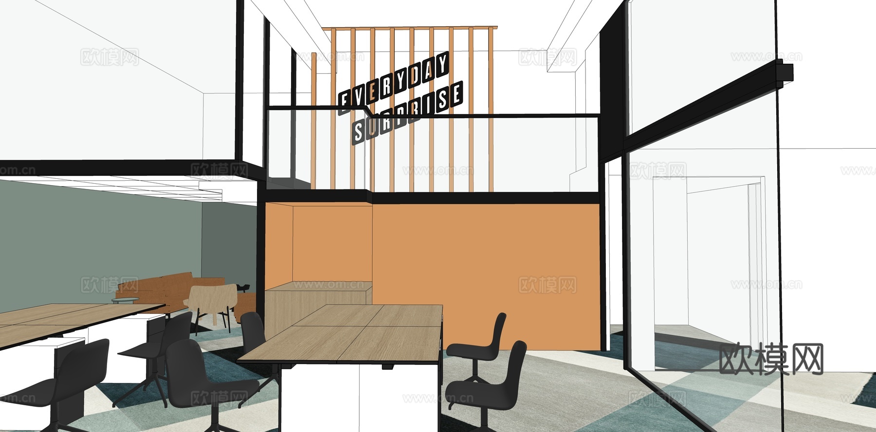 办公室撞色现代su模型