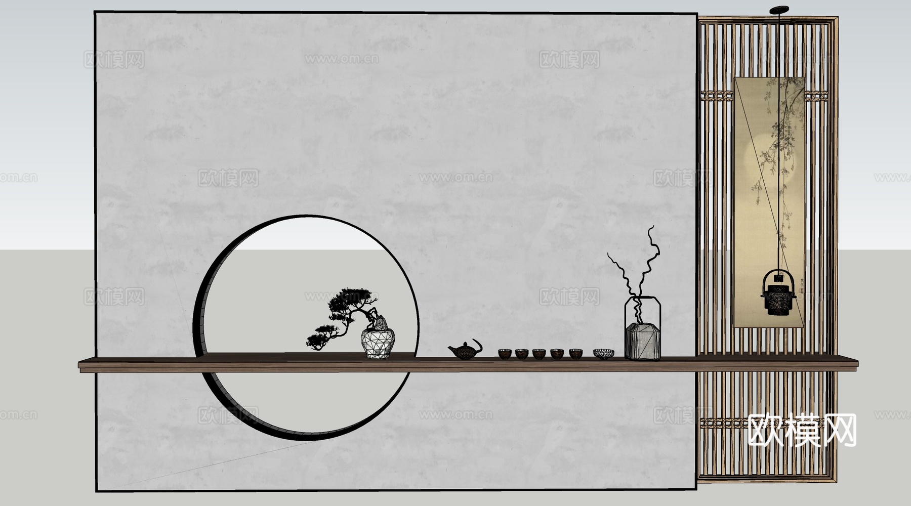 新中式隔断墙 玄关墙 办公室景墙su模型su模型