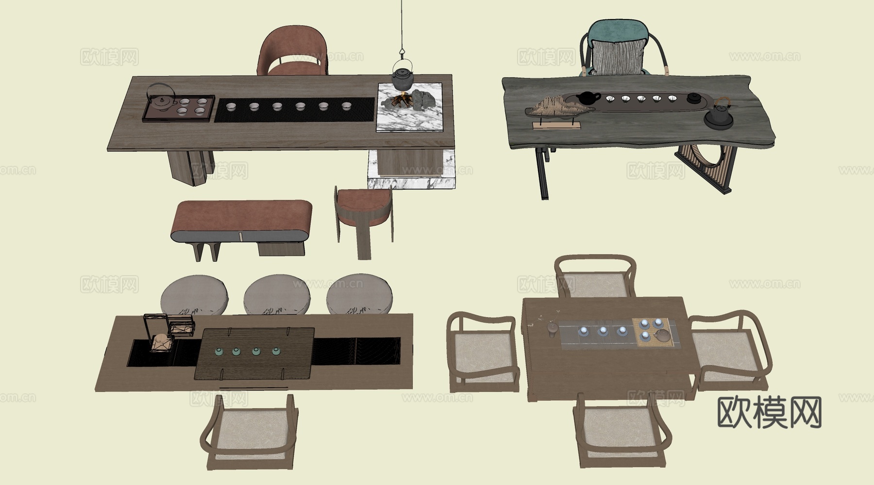 中式茶桌椅 榻榻米茶桌 茶台桌椅su模型