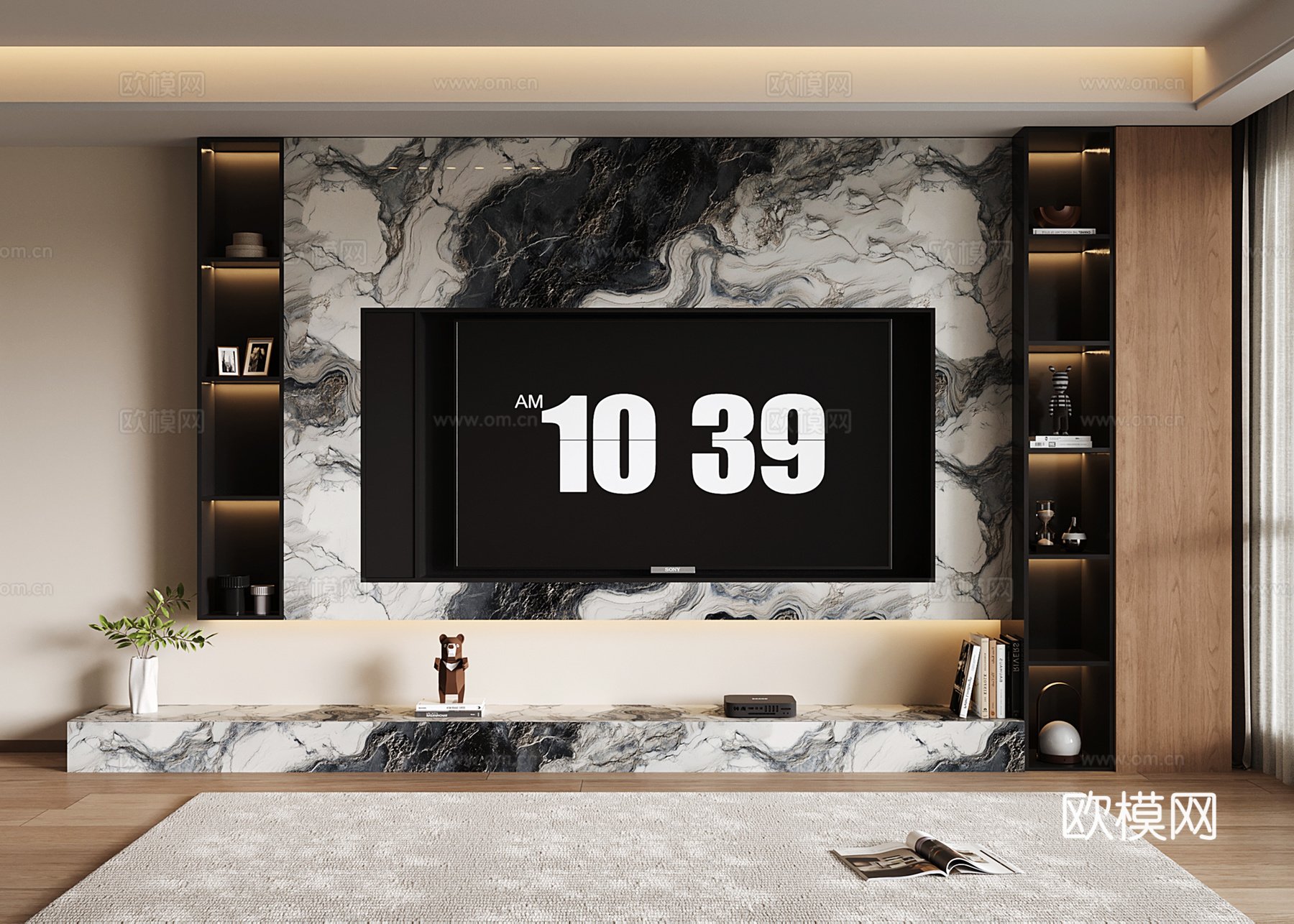 意式电视背景墙 大理石背景墙 现代电视背景柜 开放格收纳储物su模型