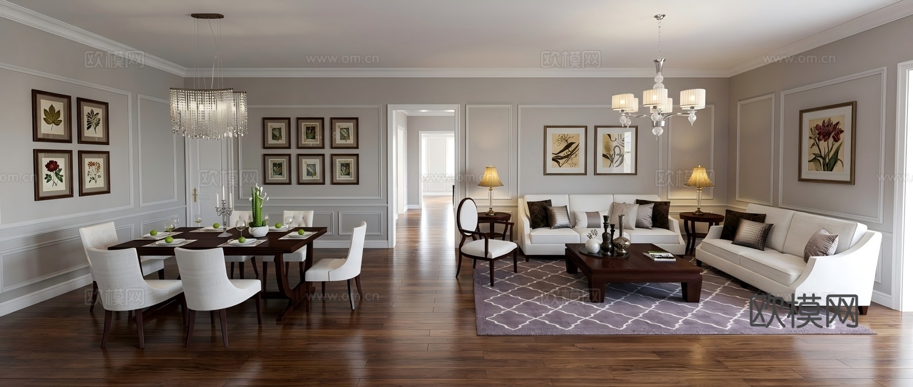 美式客餐厅 背景墙su模型