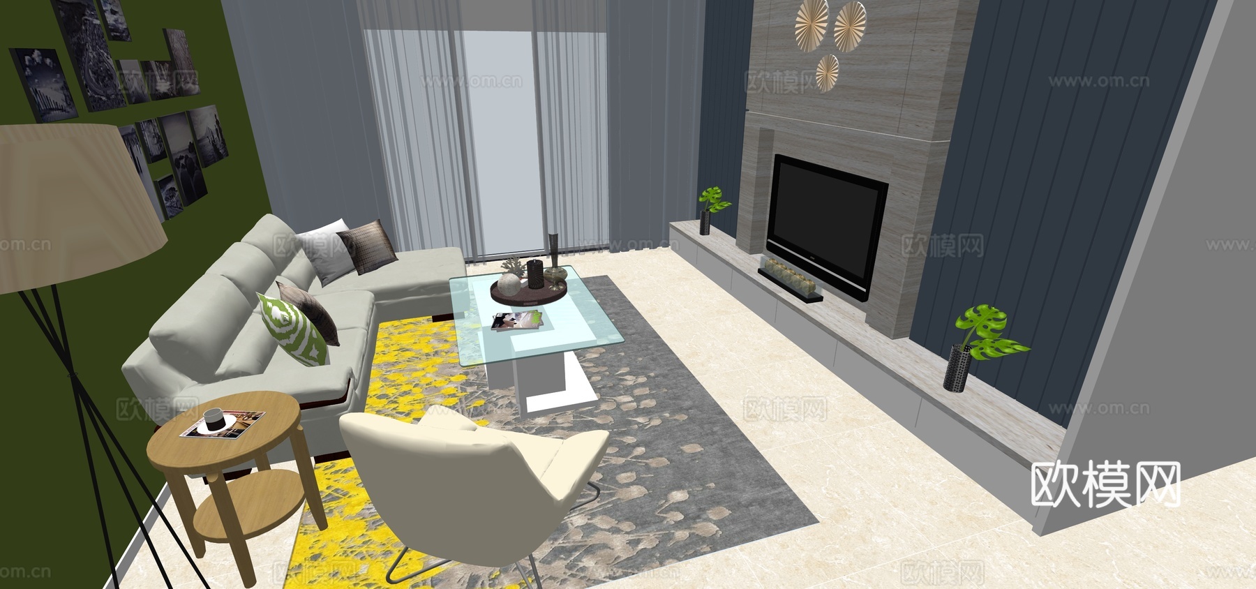 现代客厅 电视背景墙su模型