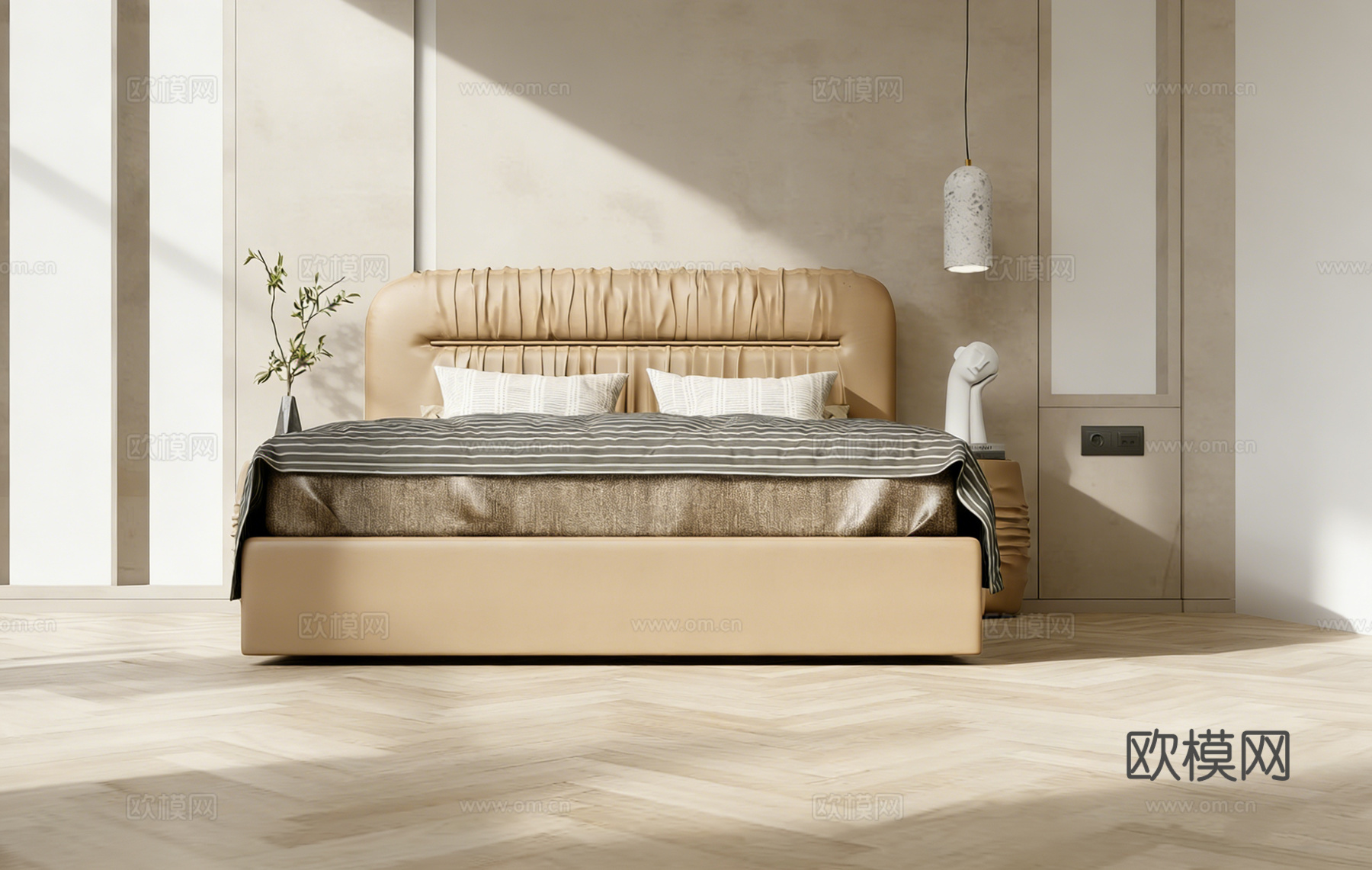 现代简约米色褶皱软包床 圆柱形斑点纹理艺术吊灯  卧室床头灯su模型下载（渲染图1）