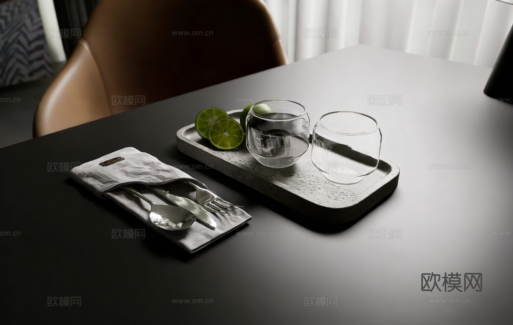 现代简约餐桌静物组合 布艺餐巾包刀叉勺 西餐摆拍道具 含餐具su模型