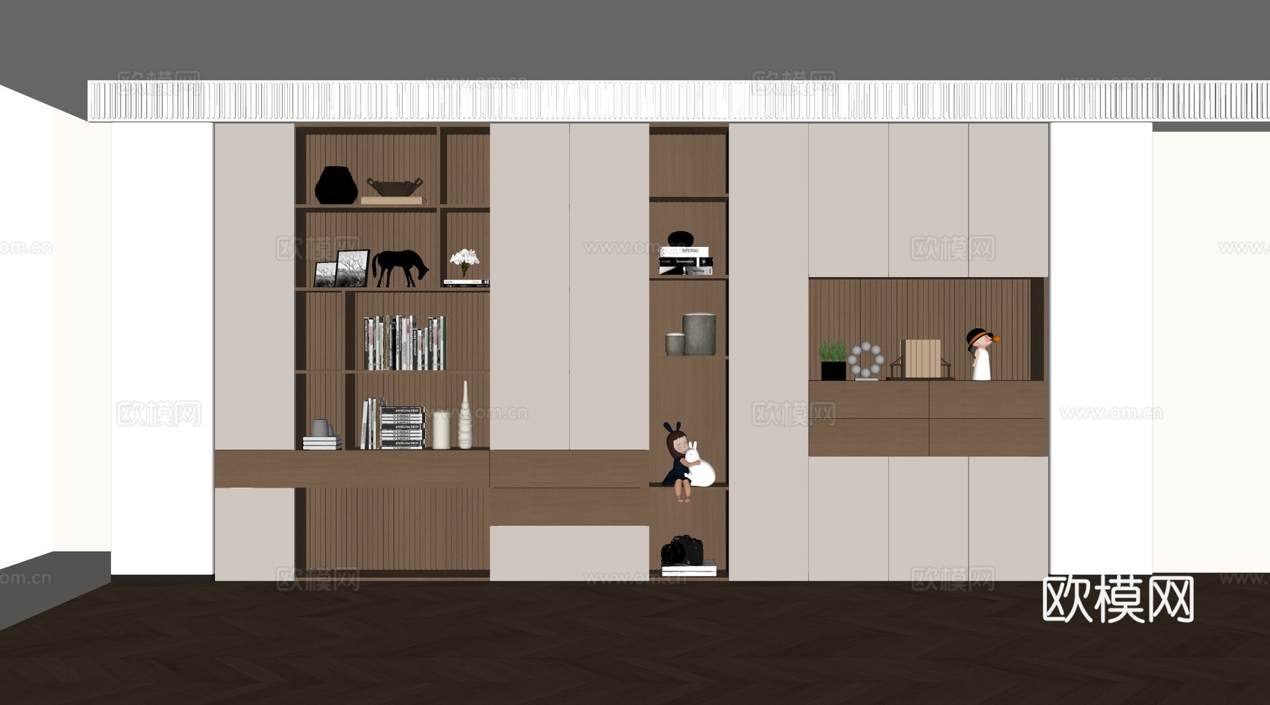 现代书柜 储物柜 背景柜 书籍摆件组合 装饰柜su模型