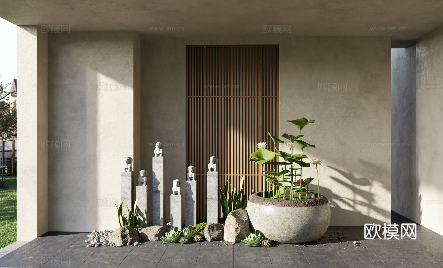 新中式风格禅意庭院景观小品组合 木屏风隔断  水缸 荷花荷叶su模型