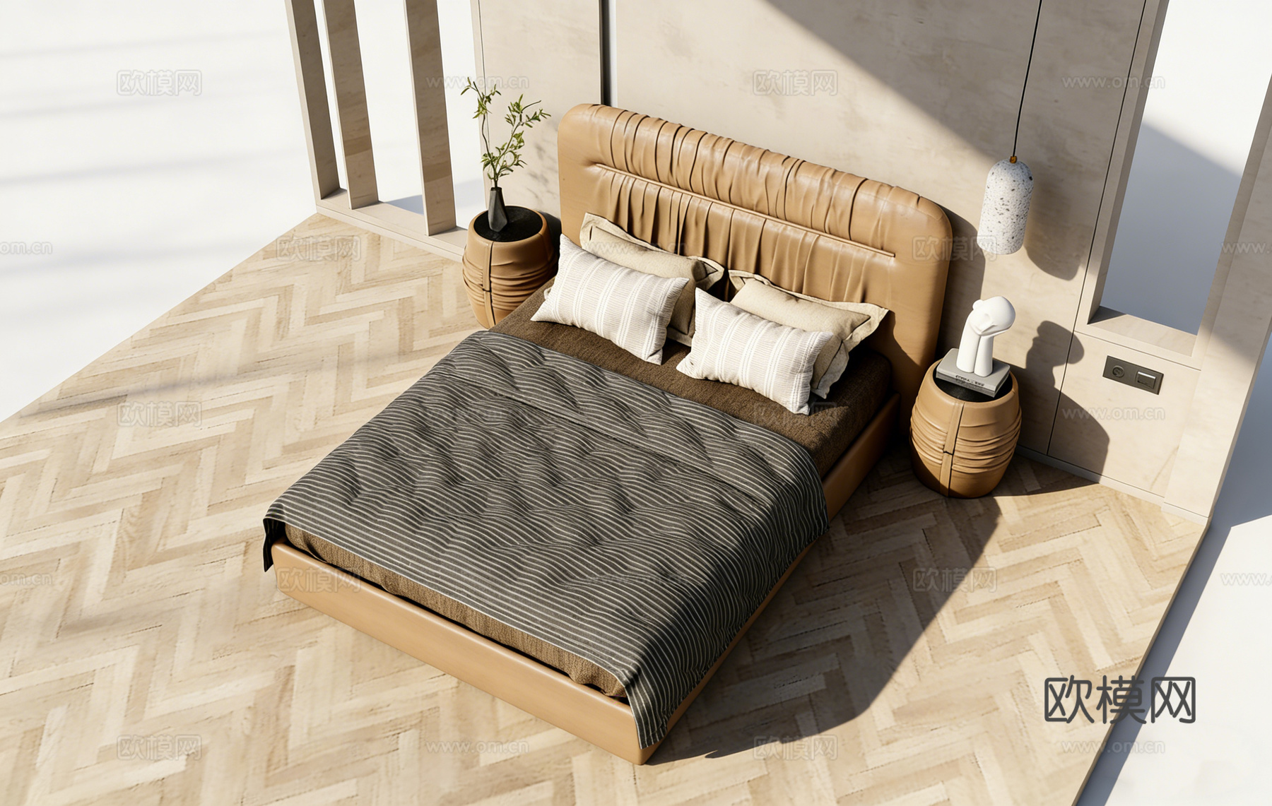 现代简约米色褶皱软包床 圆柱形斑点纹理艺术吊灯  卧室床头灯su模型下载（渲染图2）