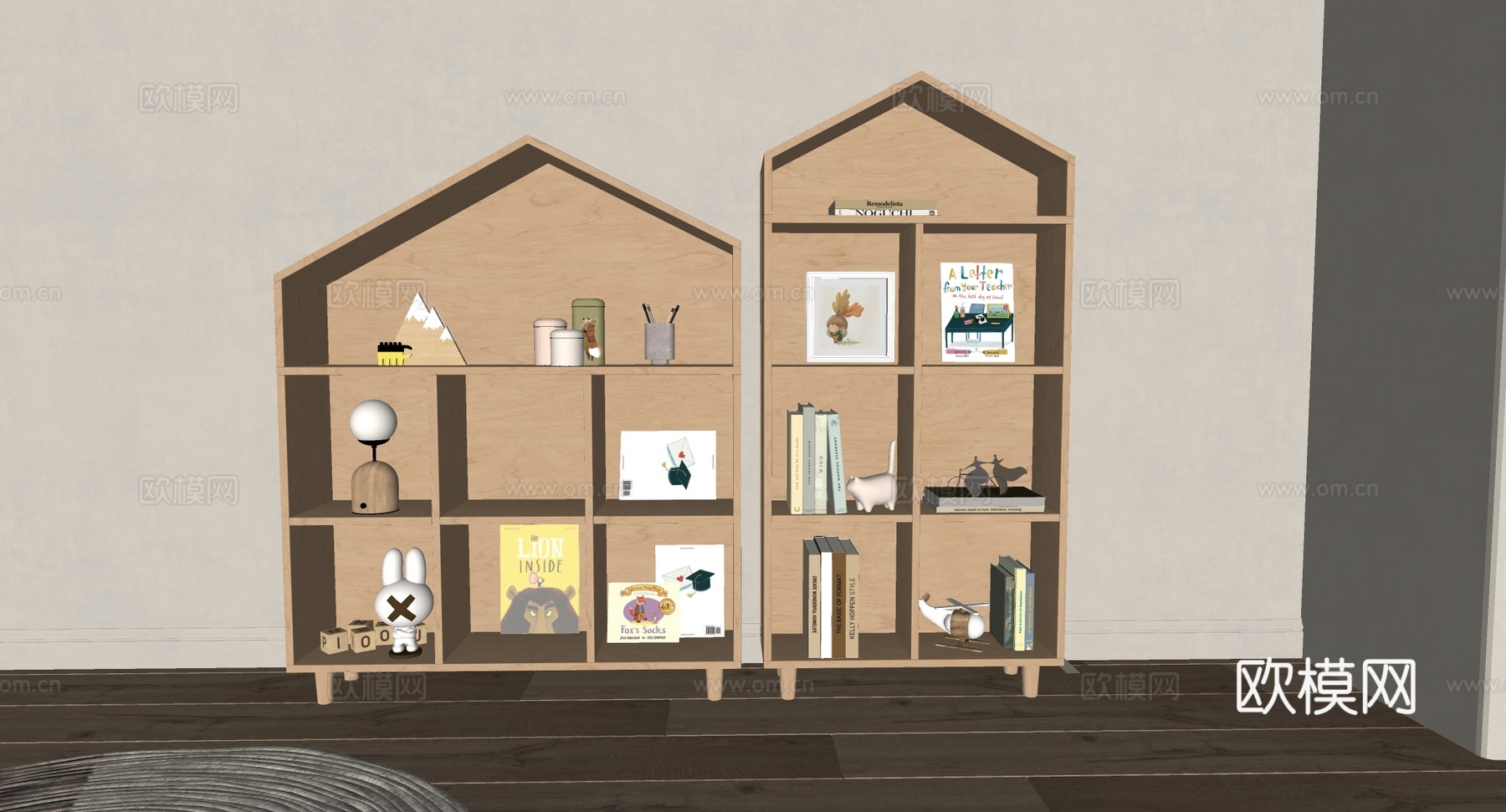 北欧原木色小屋创意置物架 儿童房玩具书籍收纳 多层格子架 飞su模型