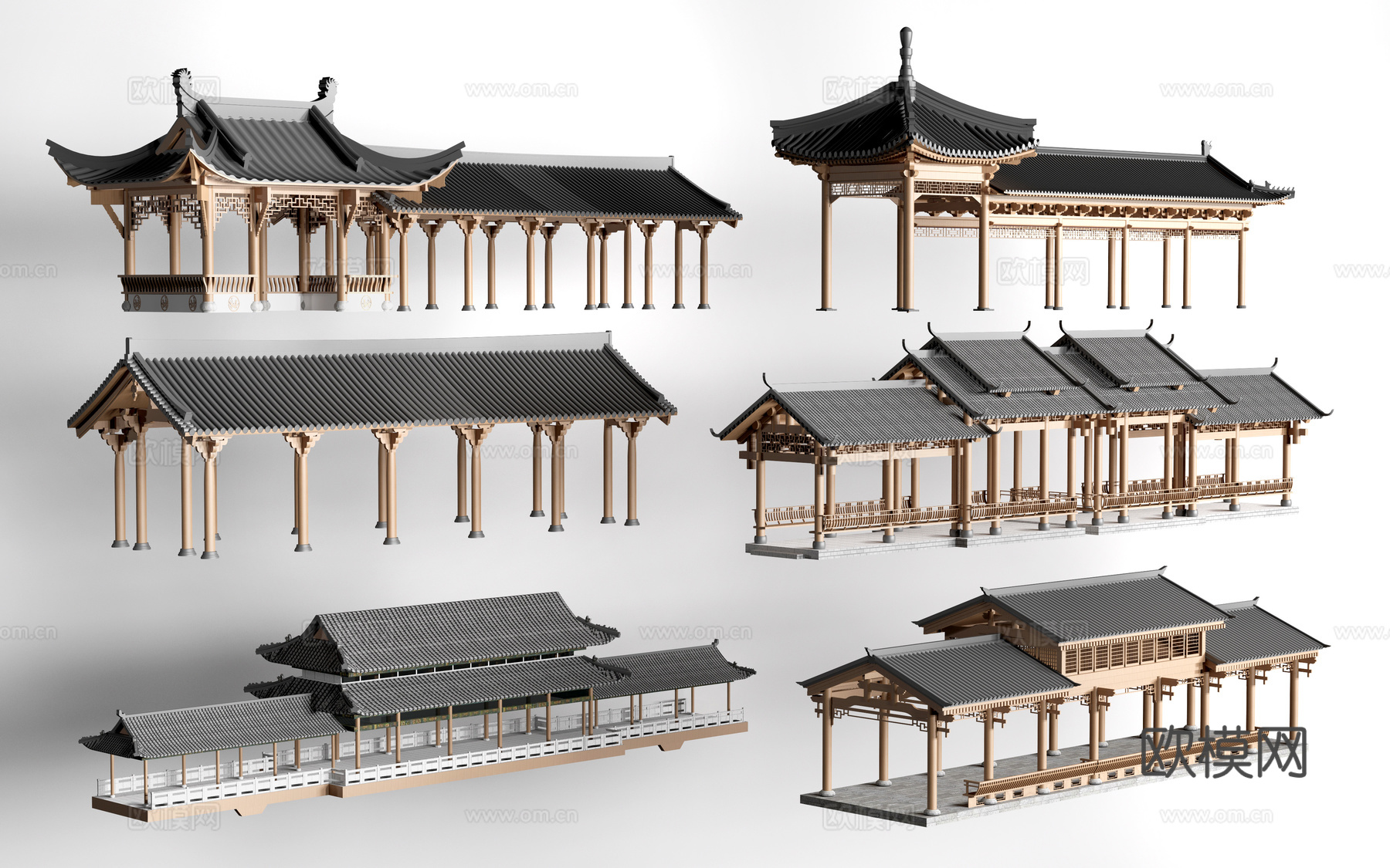 中式长廊 中式廊架 中式连廊su模型