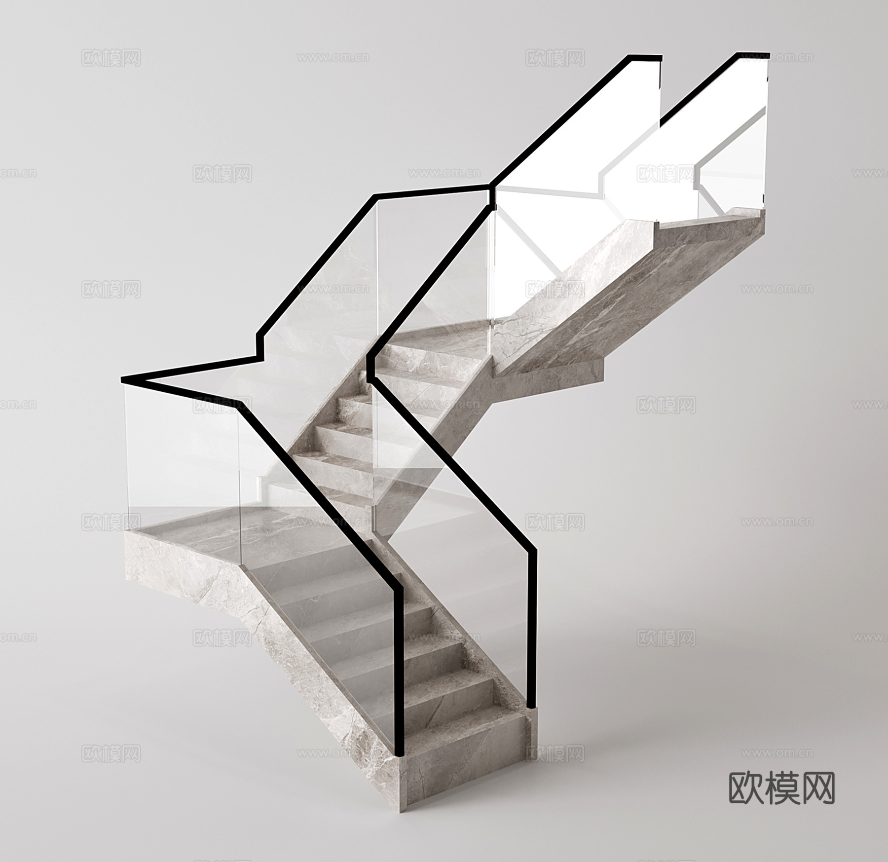 现代转折楼梯 剪刀楼梯 大理石楼梯 玻璃扶手 U形楼梯su模型
