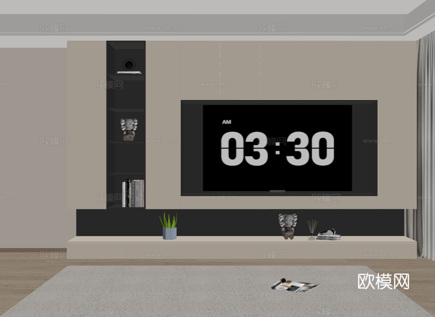 奶油风电视背景墙 电视背景柜 定制满墙电视柜 电视柜收纳储物su模型