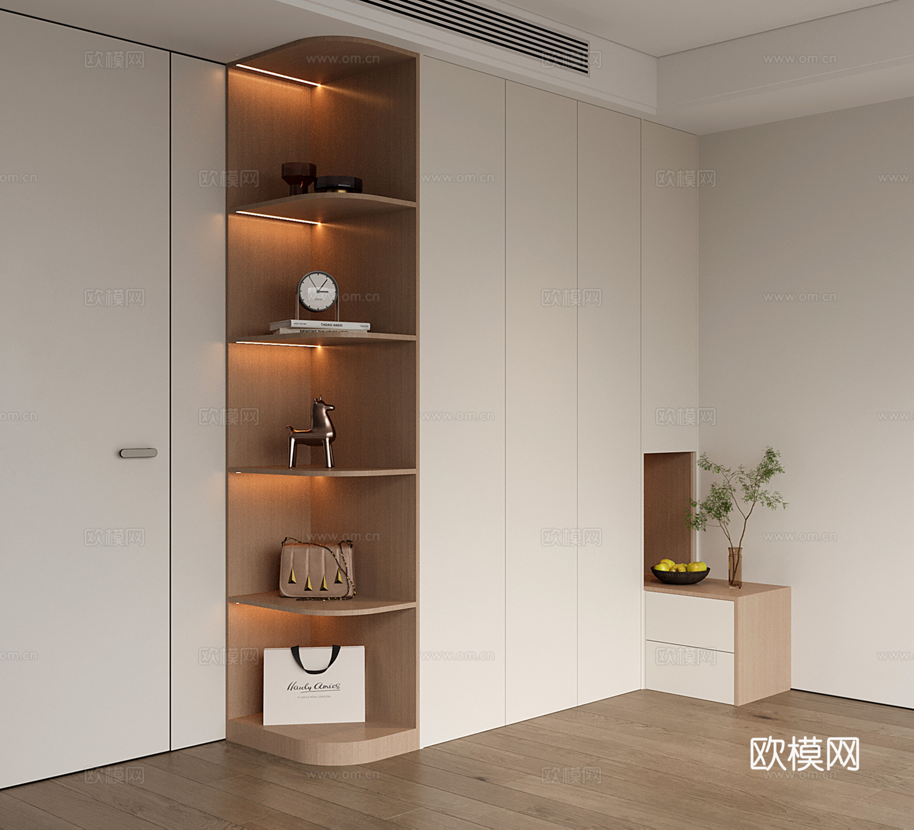 现代衣柜 平开门衣柜 圆弧开放格衣柜 衣柜床头柜一体su模型