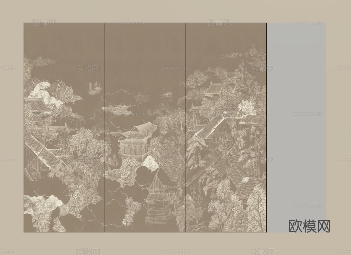 新中式床头背景墙 宋氏卧室背景墙 包间床头背景su模型