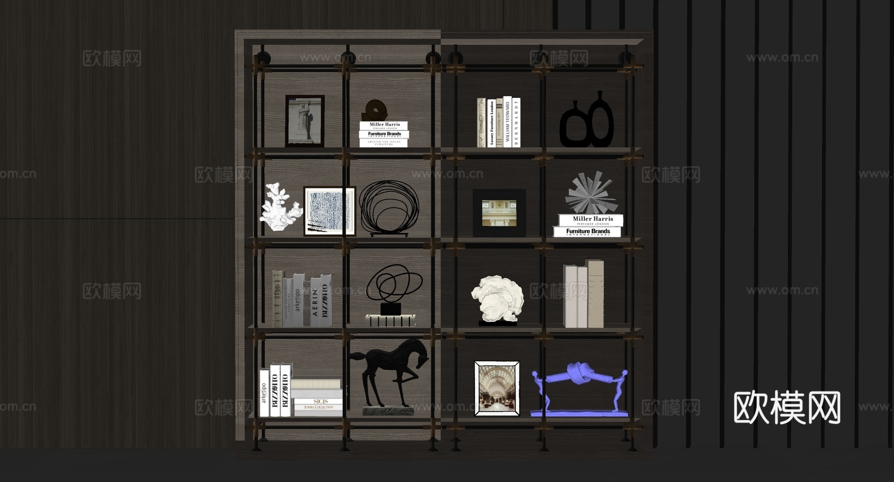 现代轻奢黑色金属网格框架书架 深木色 带金色连接件 样板间客su模型