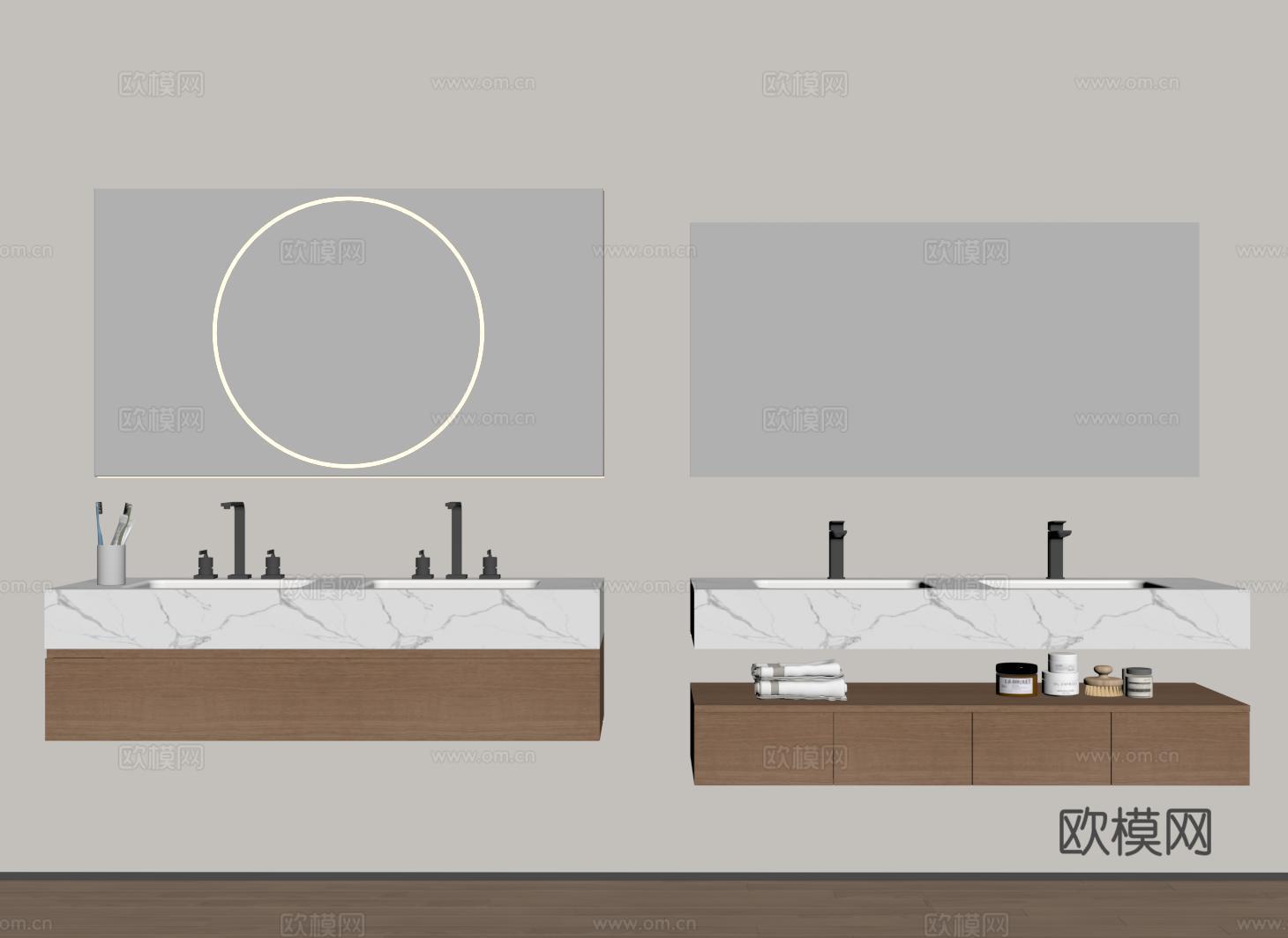 现代悬空浴室柜 洗手台 卫浴柜 双洗手池su模型